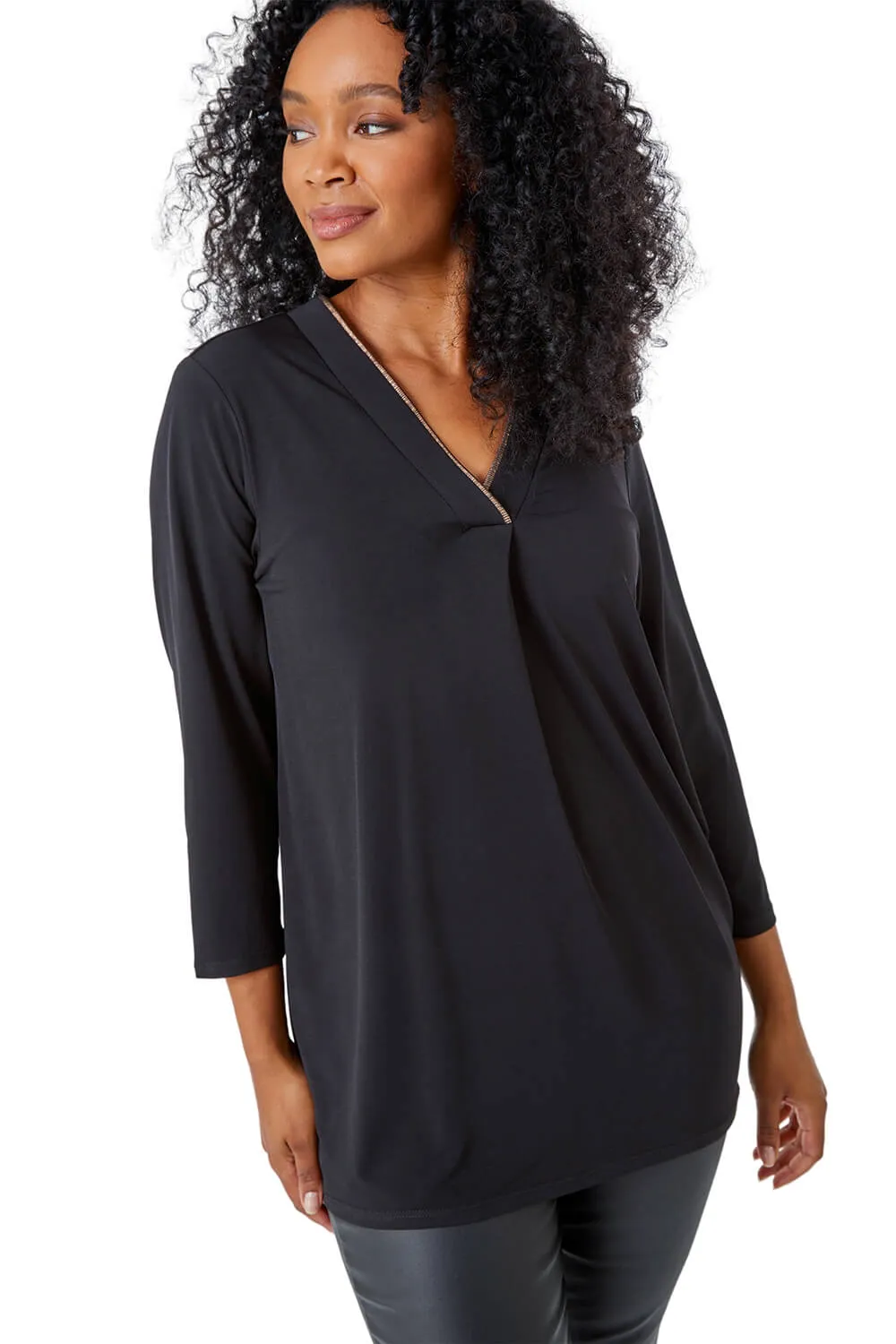 Petite Metallic Trim V-Neck Jersey Top 1 Petite Metallic Trim V-Neck Jersey Top