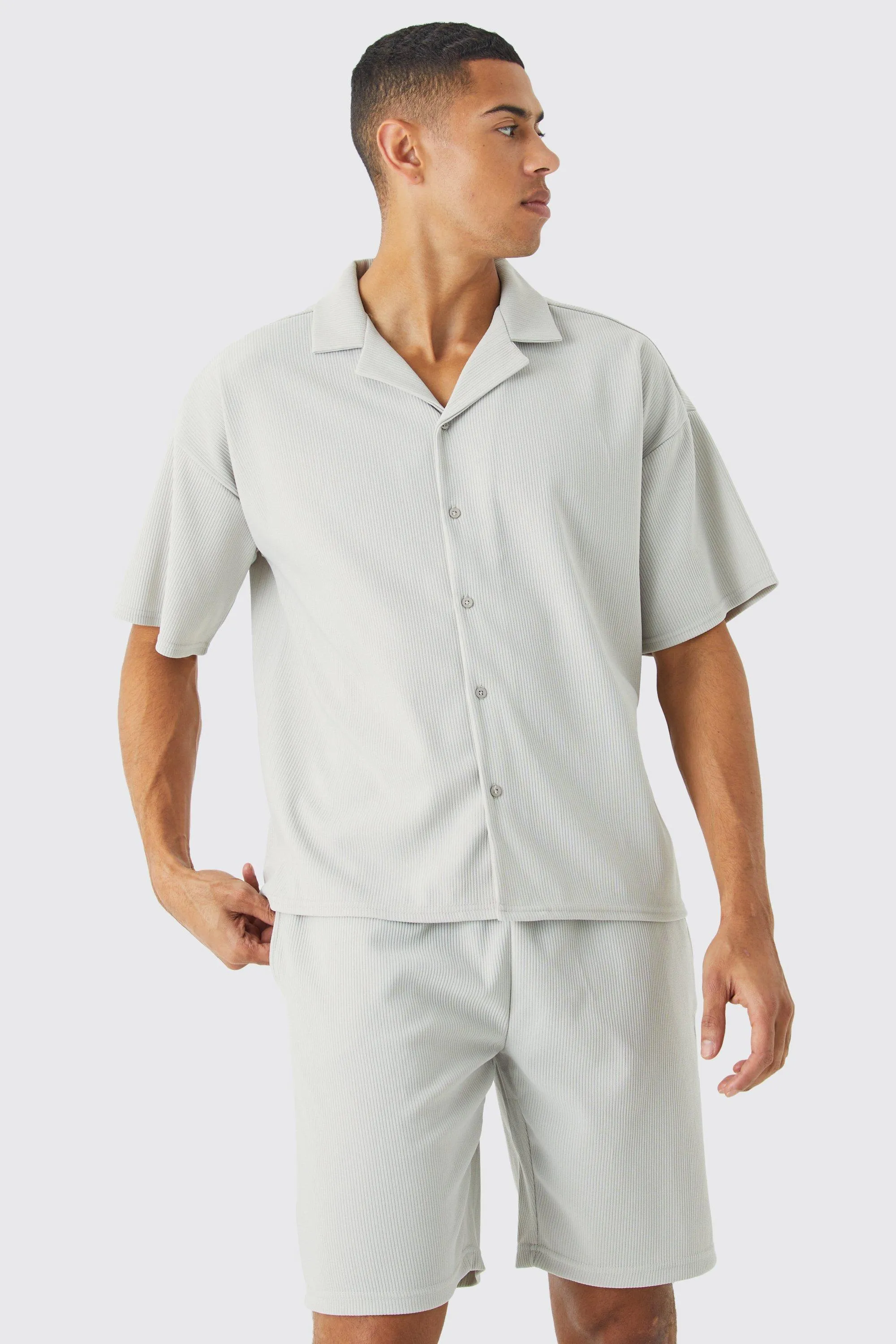 Regular Fit Short Sleeve Ribbed Boxy Shirt And Short Set 3 Regular Fit Short Sleeve Ribbed Boxy Shirt And Short Set
