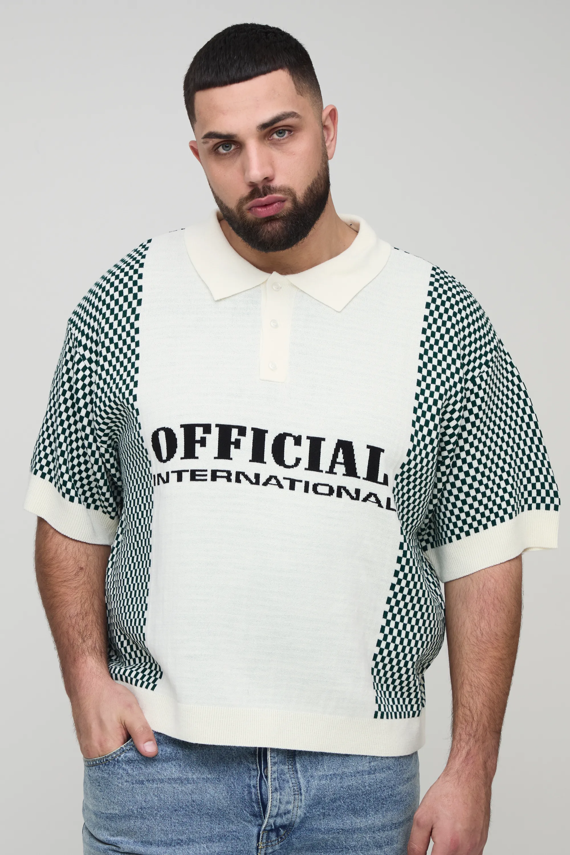 Plus Oversized Boxy Check Official Moto Knitted Polo