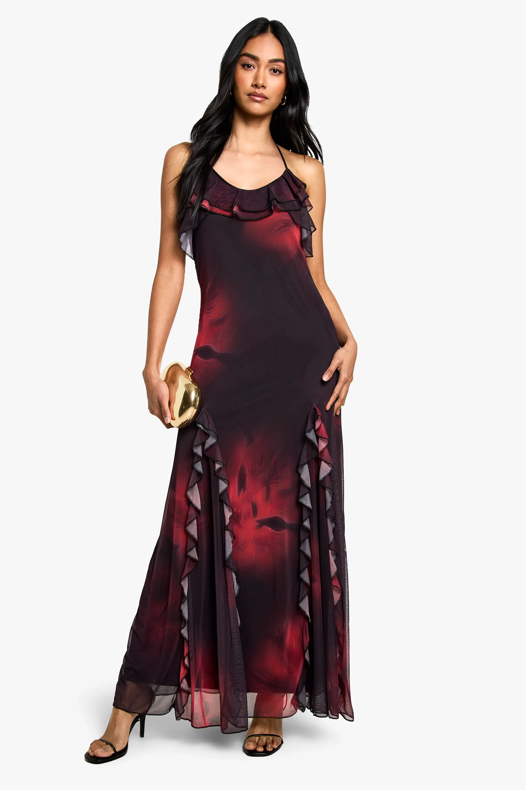 Ruffle Halter Neck Fit and Flare Maxi Dress