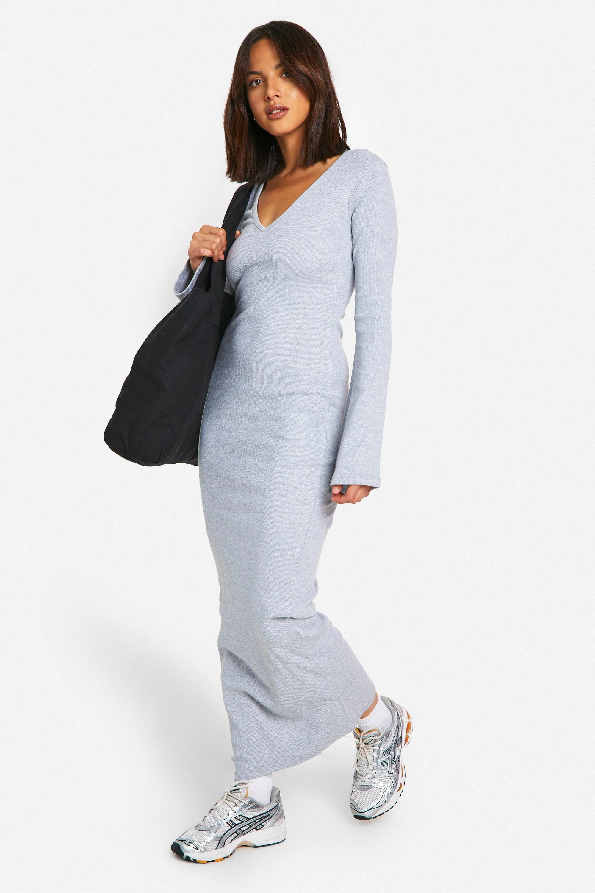 Basic Rib Flare Sleeve V Neck Dress