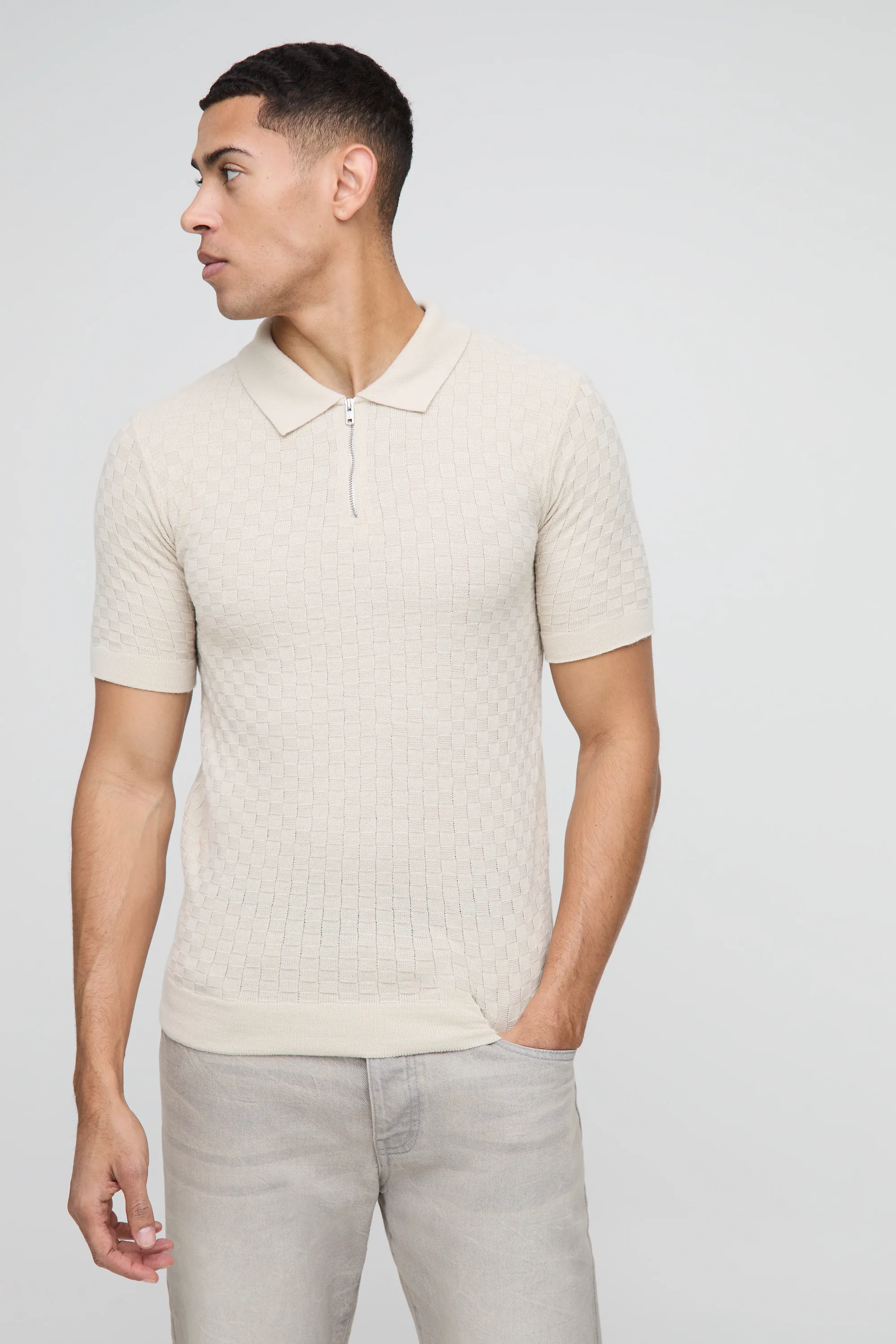 Muscle Fit Zip Neck Basket Knitted Polo