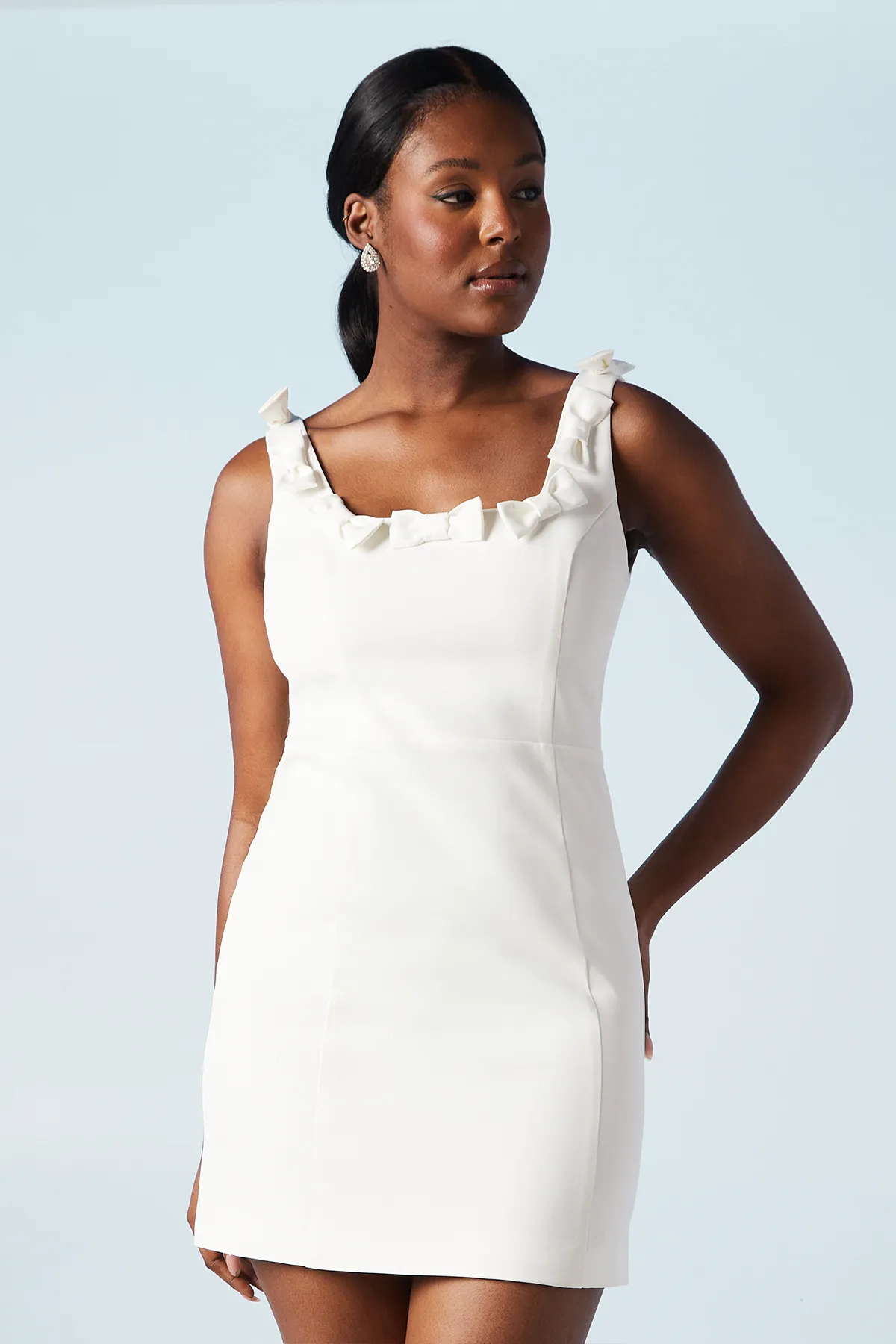 Mini Bow Neckline Crepe Bridal Mini Dress