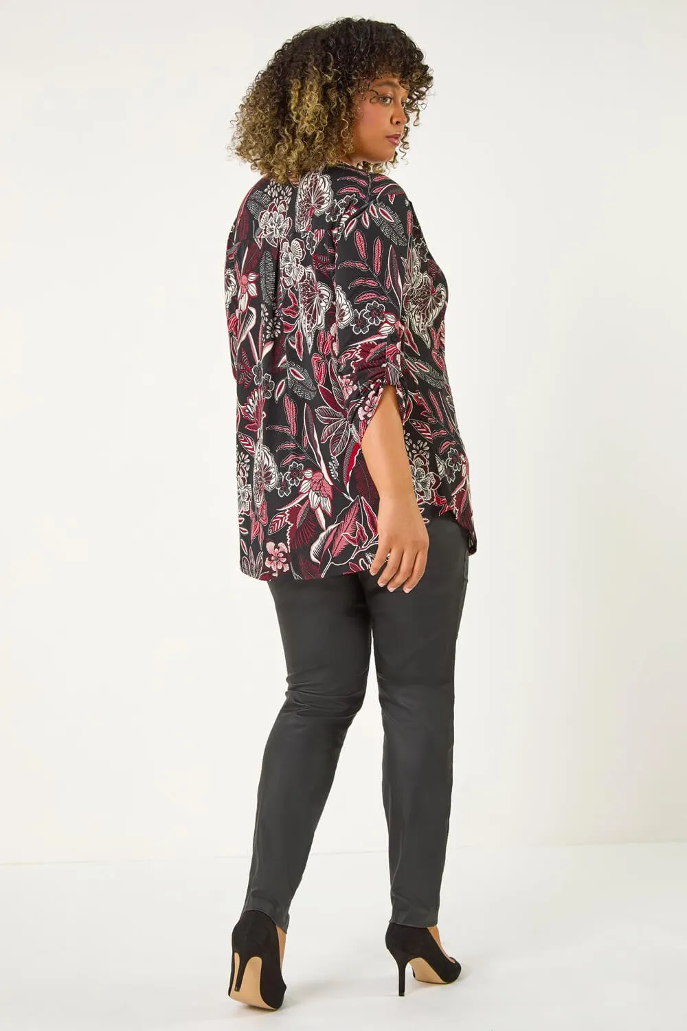 Curve Floral Print V-Neck Stretch Shirt 3 Curve Floral Print V-Neck Stretch Shirt