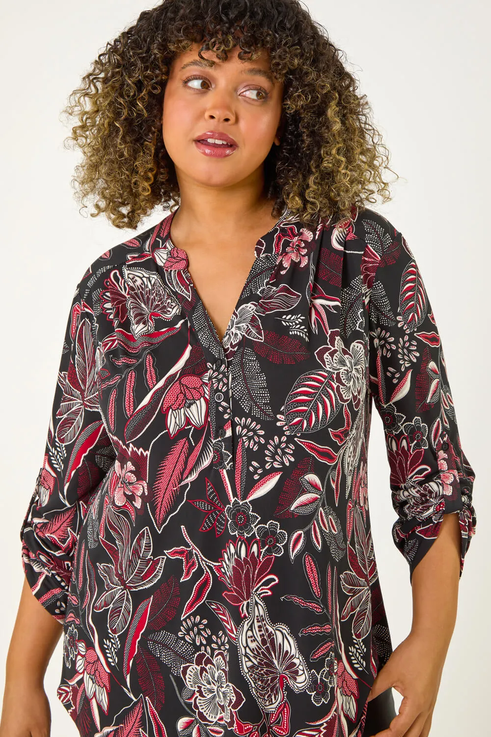Curve Floral Print V-Neck Stretch Shirt 4 Curve Floral Print V-Neck Stretch Shirt