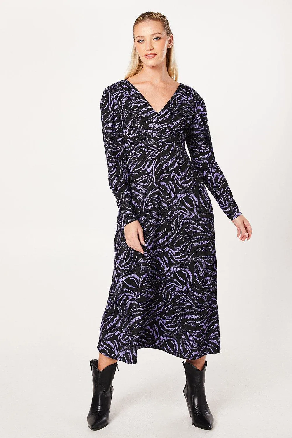 Blue Zebra V Neck Empire Midi Dress