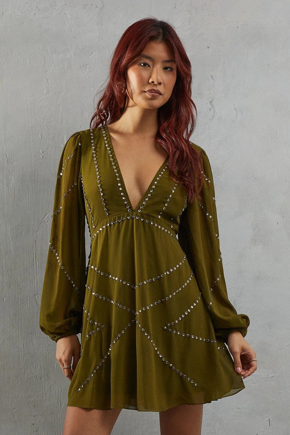 Premium Chiffon Embellished Sequin Plunge Neck Mini Dress 1 Premium Chiffon Embellished Sequin Plunge Neck Mini Dress