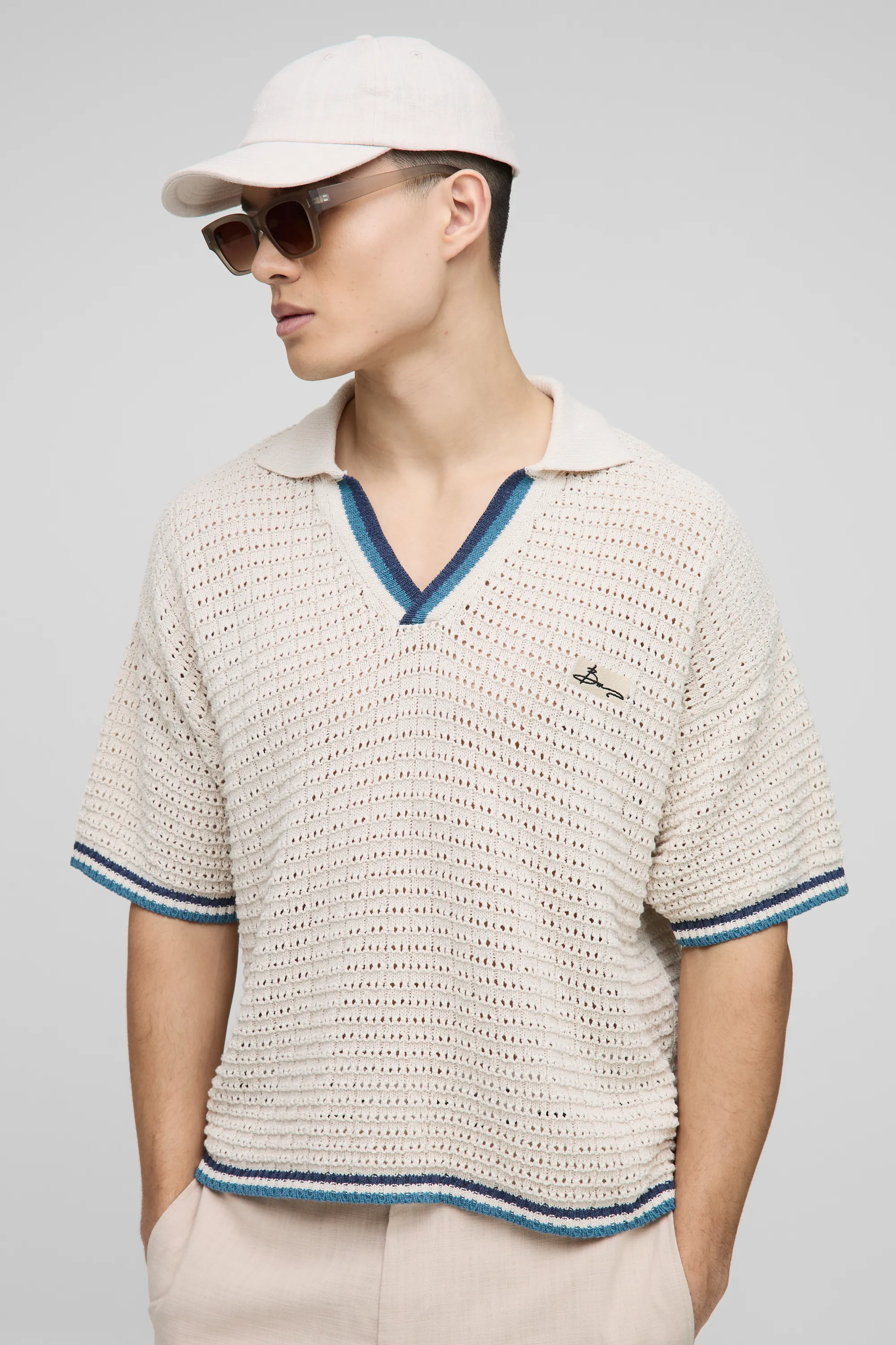 Oversized Boxy Open Stitch Stripe Trim Knitted Polo