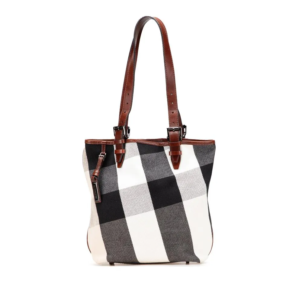 Preloved Classic Plaid Tote Bag with Top Handles- White