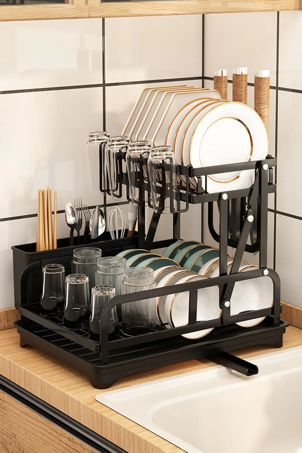 2-Tier Dish Drainer Rack with Drying Tray Kitchenware Holder