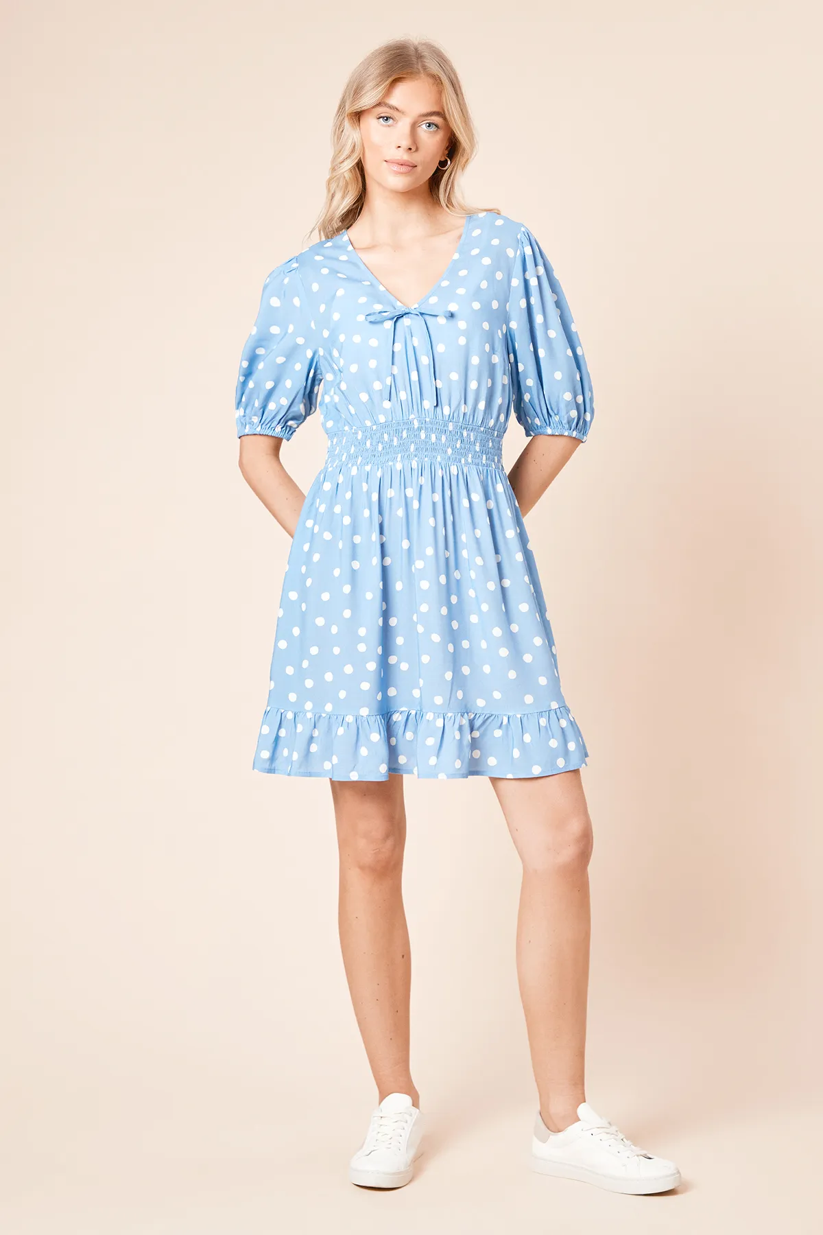 Blue Spot Tie Front Frill Sleeve Mini Dress 1 Blue Spot Tie Front Frill Sleeve Mini Dress