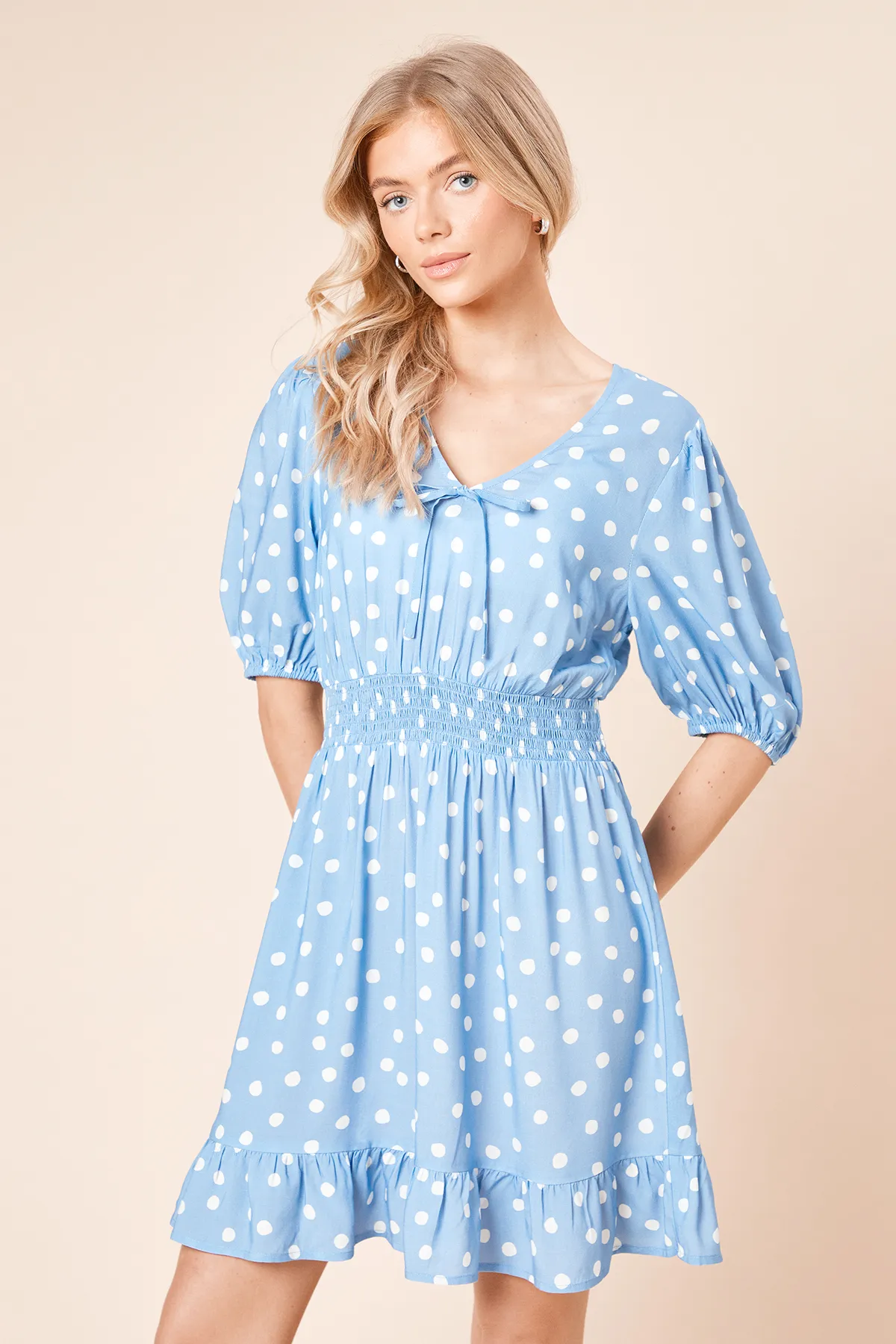 Blue Spot Tie Front Frill Sleeve Mini Dress 2 Blue Spot Tie Front Frill Sleeve Mini Dress