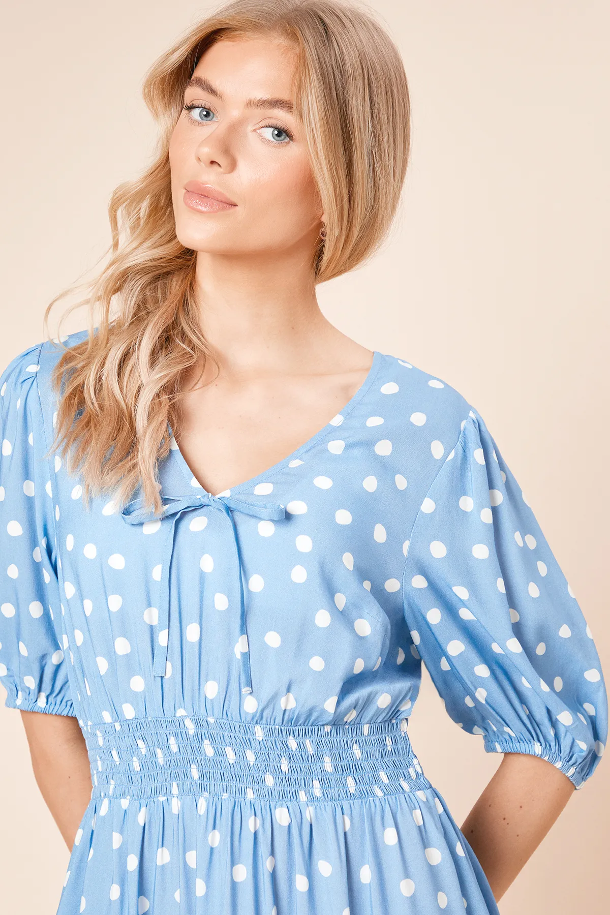 Blue Spot Tie Front Frill Sleeve Mini Dress 3 Blue Spot Tie Front Frill Sleeve Mini Dress