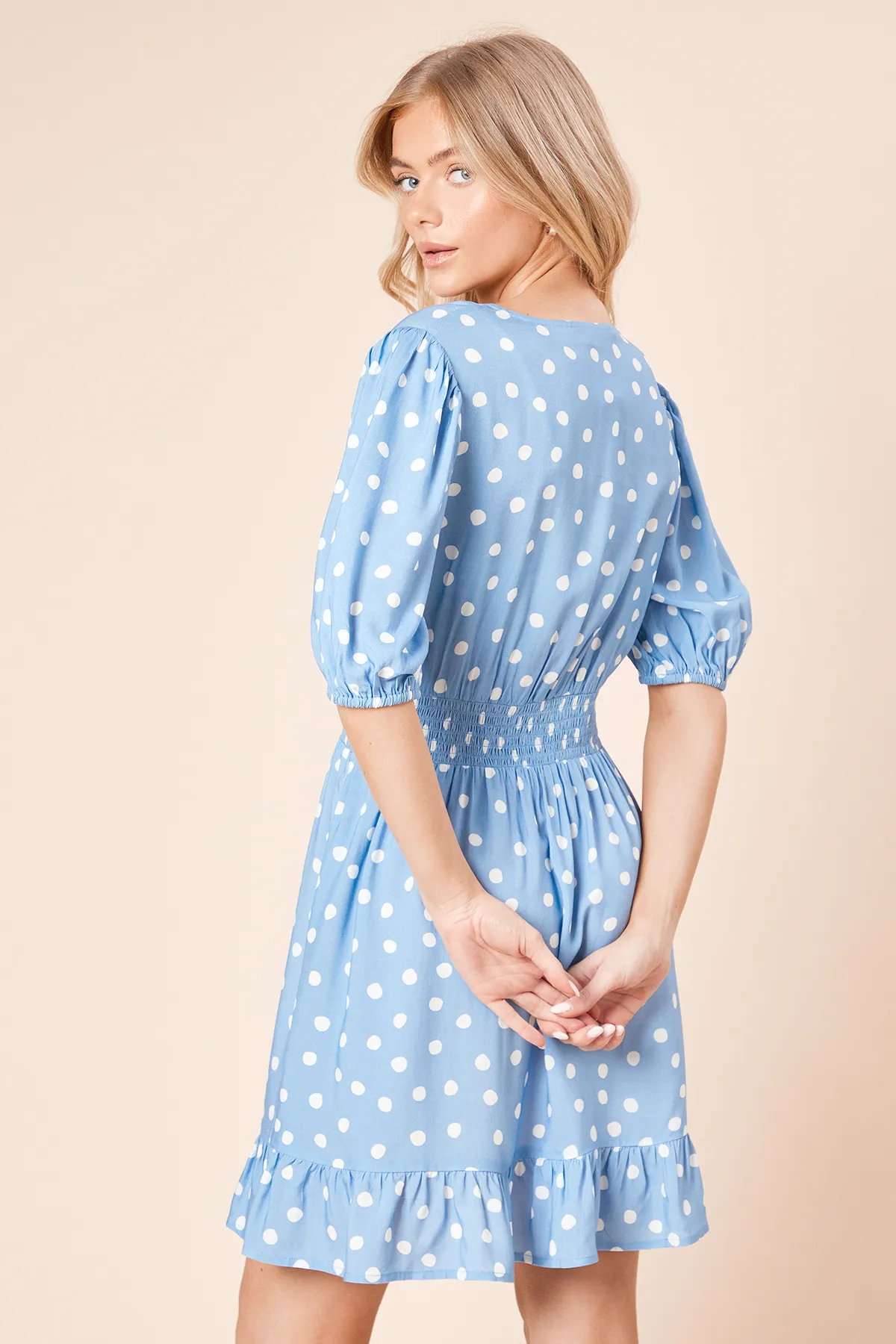 Blue Spot Tie Front Frill Sleeve Mini Dress 4 Blue Spot Tie Front Frill Sleeve Mini Dress