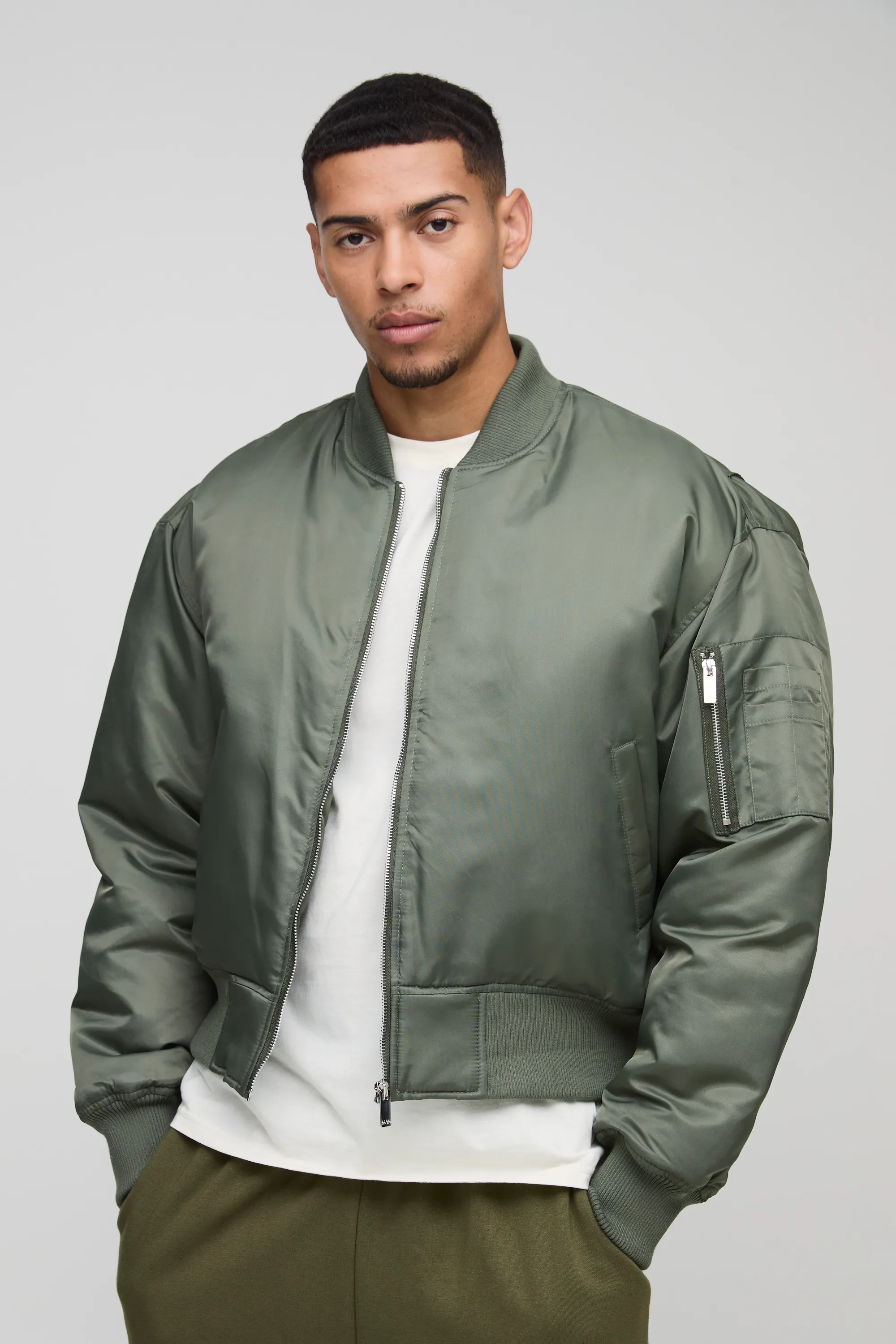 Oversized Boxy Curved Hem Nylon Bomber Jacket 1 Oversized Boxy Curved Hem Nylon Bomber Jacket