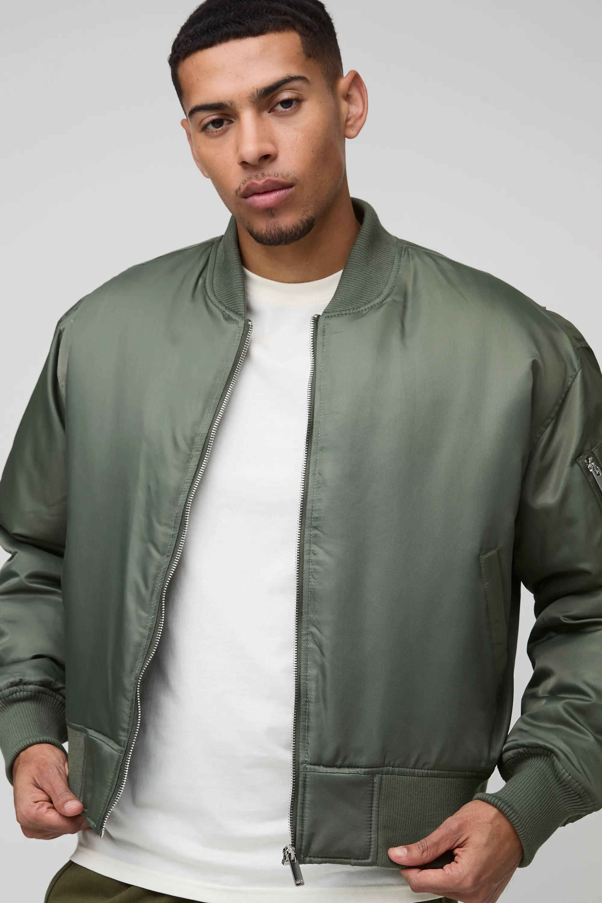 Oversized Boxy Curved Hem Nylon Bomber Jacket 3 Oversized Boxy Curved Hem Nylon Bomber Jacket