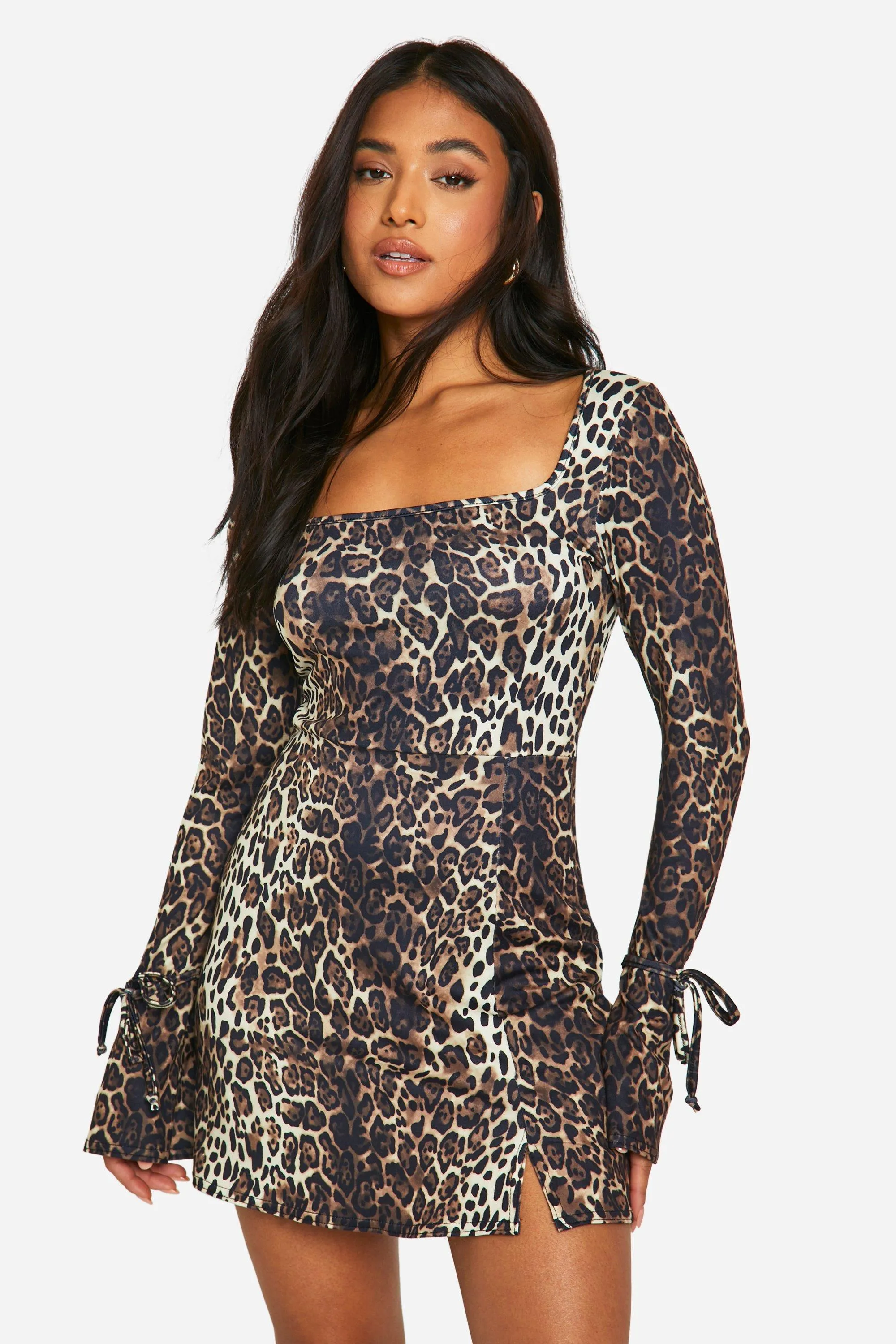 Petite Leopard Square Neck Tie Cuff Mini Shift Dress 1 Petite Leopard Square Neck Tie Cuff Mini Shift Dress
