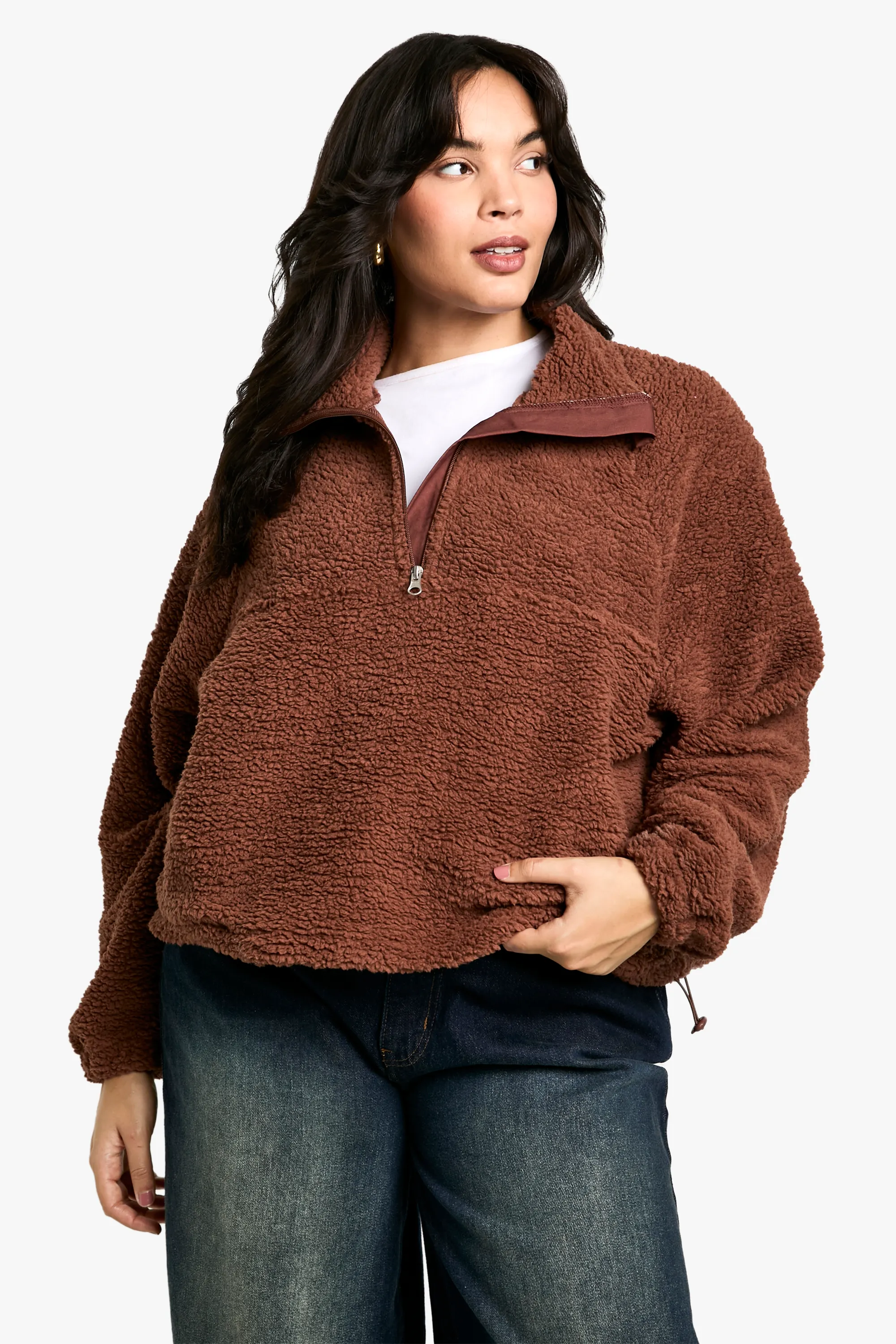 PLUS HALF ZIP SIDE POCKET OVERSZIED BORG SWEATSHIRT