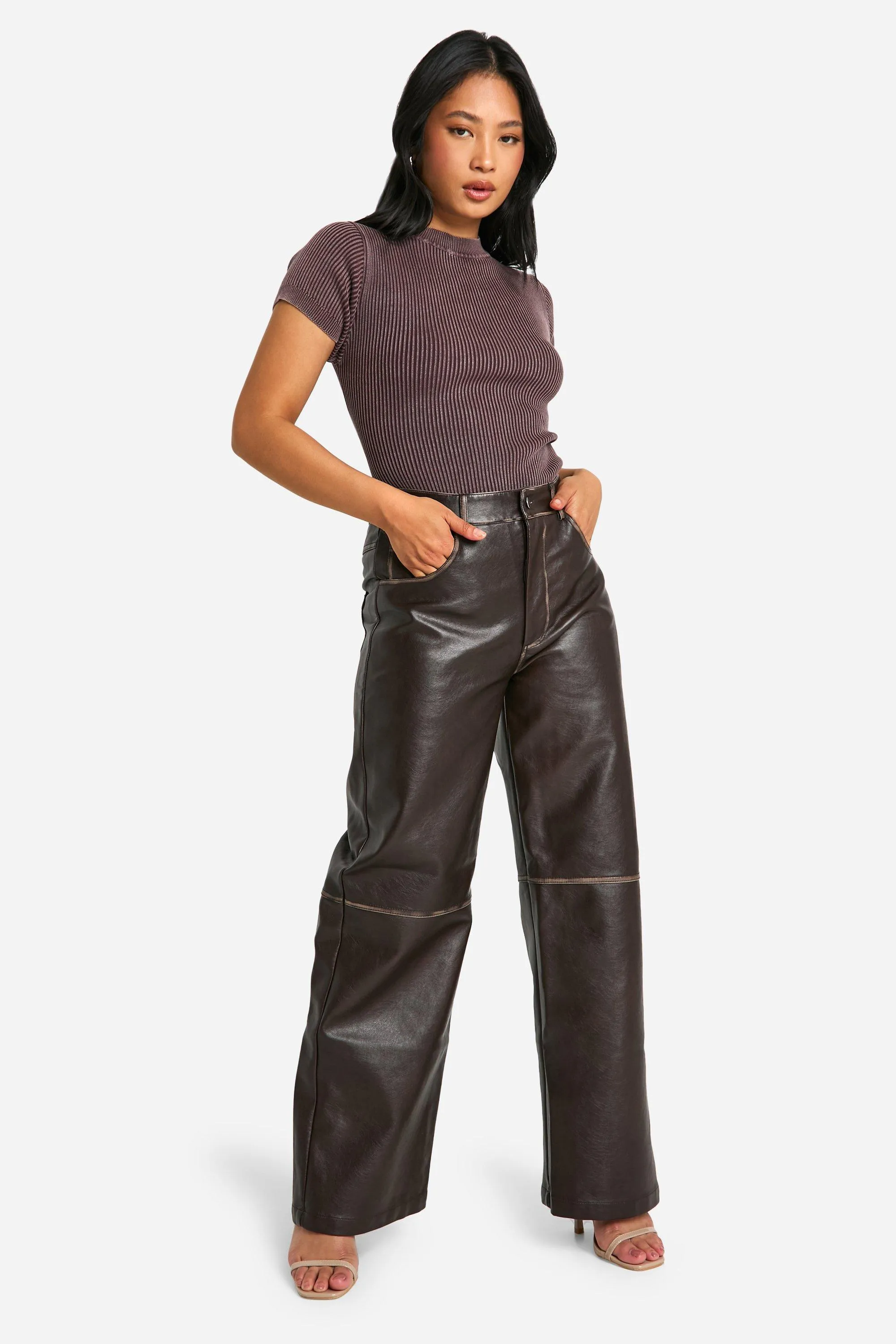 Petite Vintage Wash Faux Leather Wide Leg Trousers 1 Petite Vintage Wash Faux Leather Wide Leg Trousers