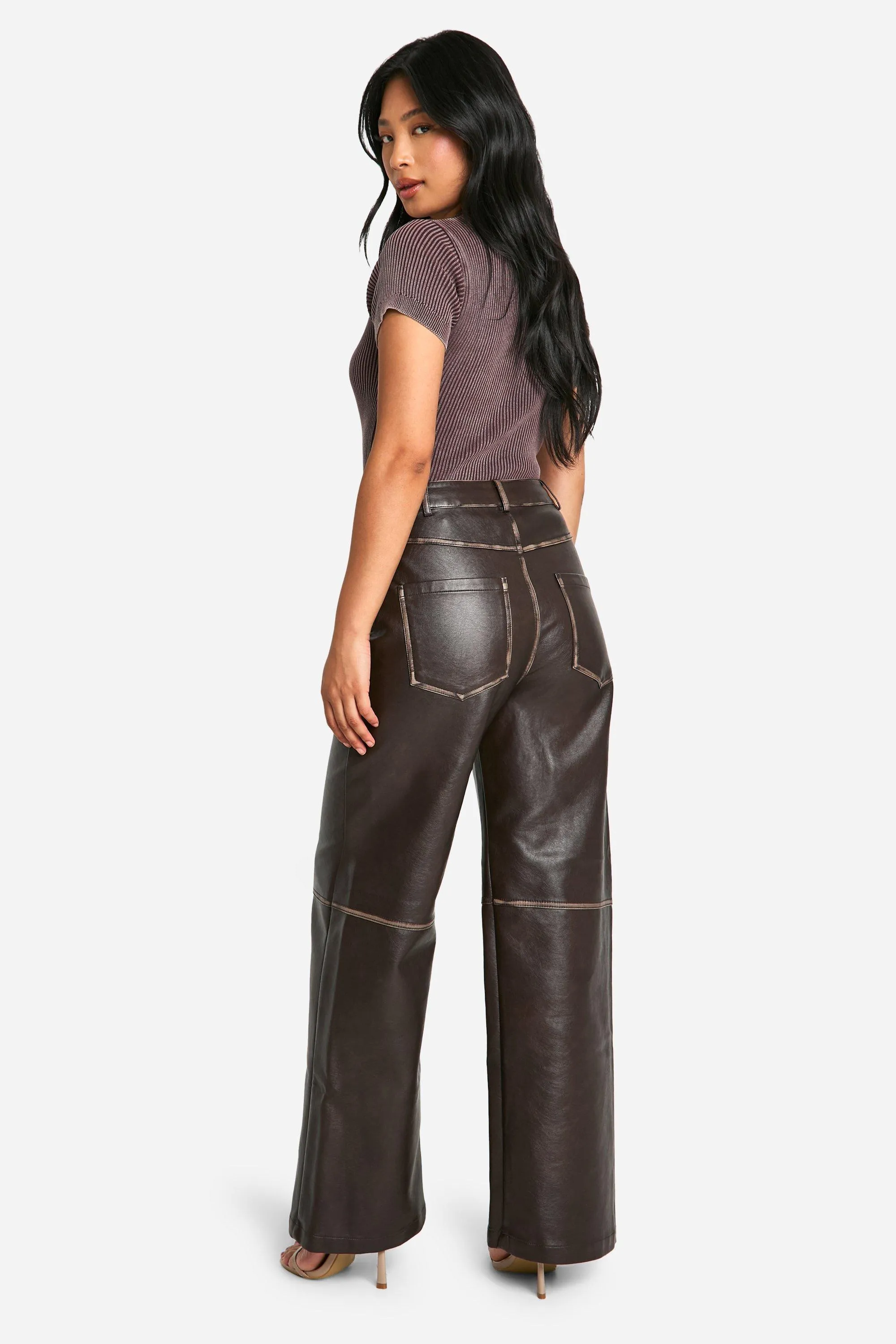 Petite Vintage Wash Faux Leather Wide Leg Trousers 2 Petite Vintage Wash Faux Leather Wide Leg Trousers
