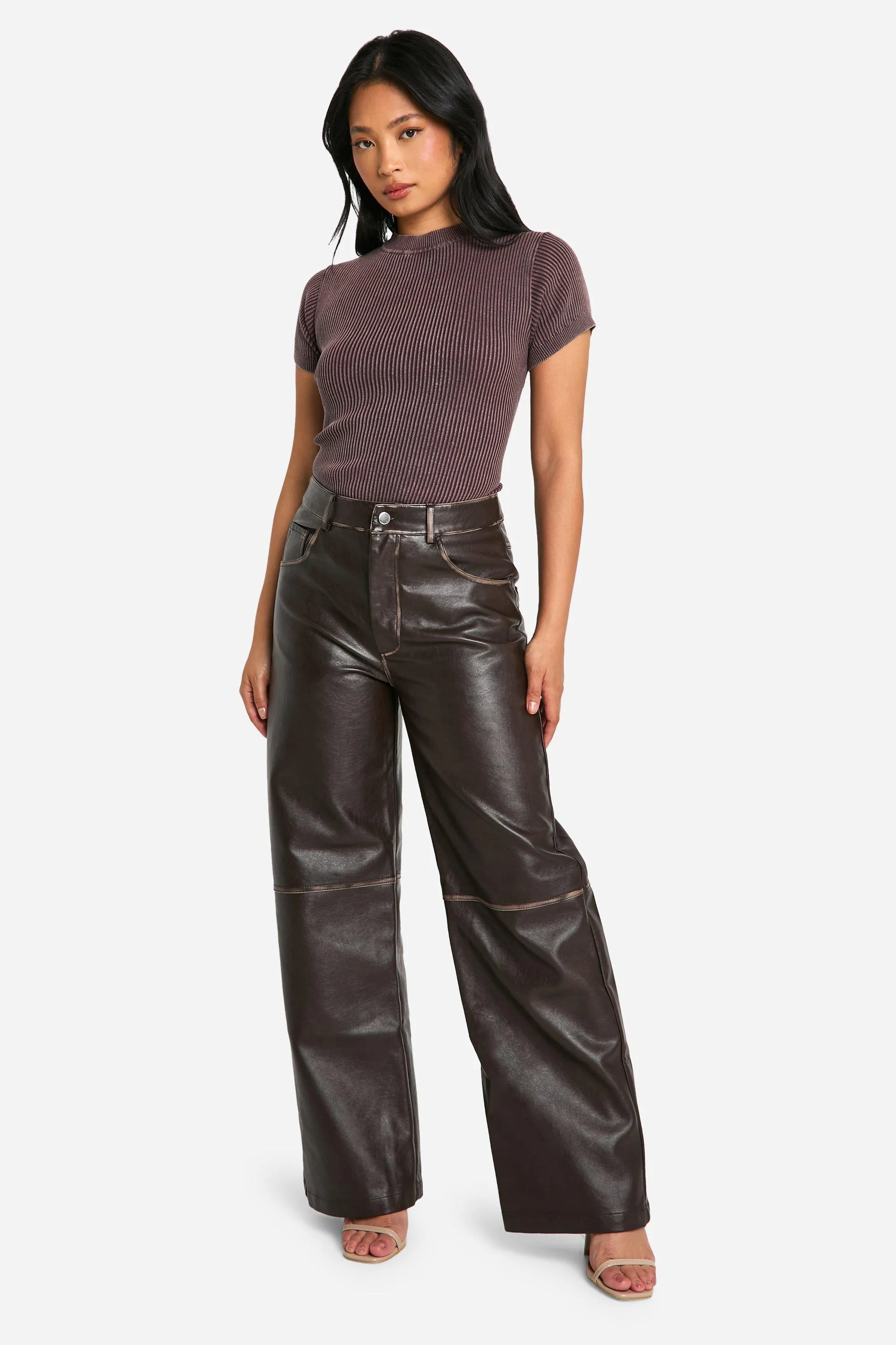Petite Vintage Wash Faux Leather Wide Leg Trousers 3 Petite Vintage Wash Faux Leather Wide Leg Trousers