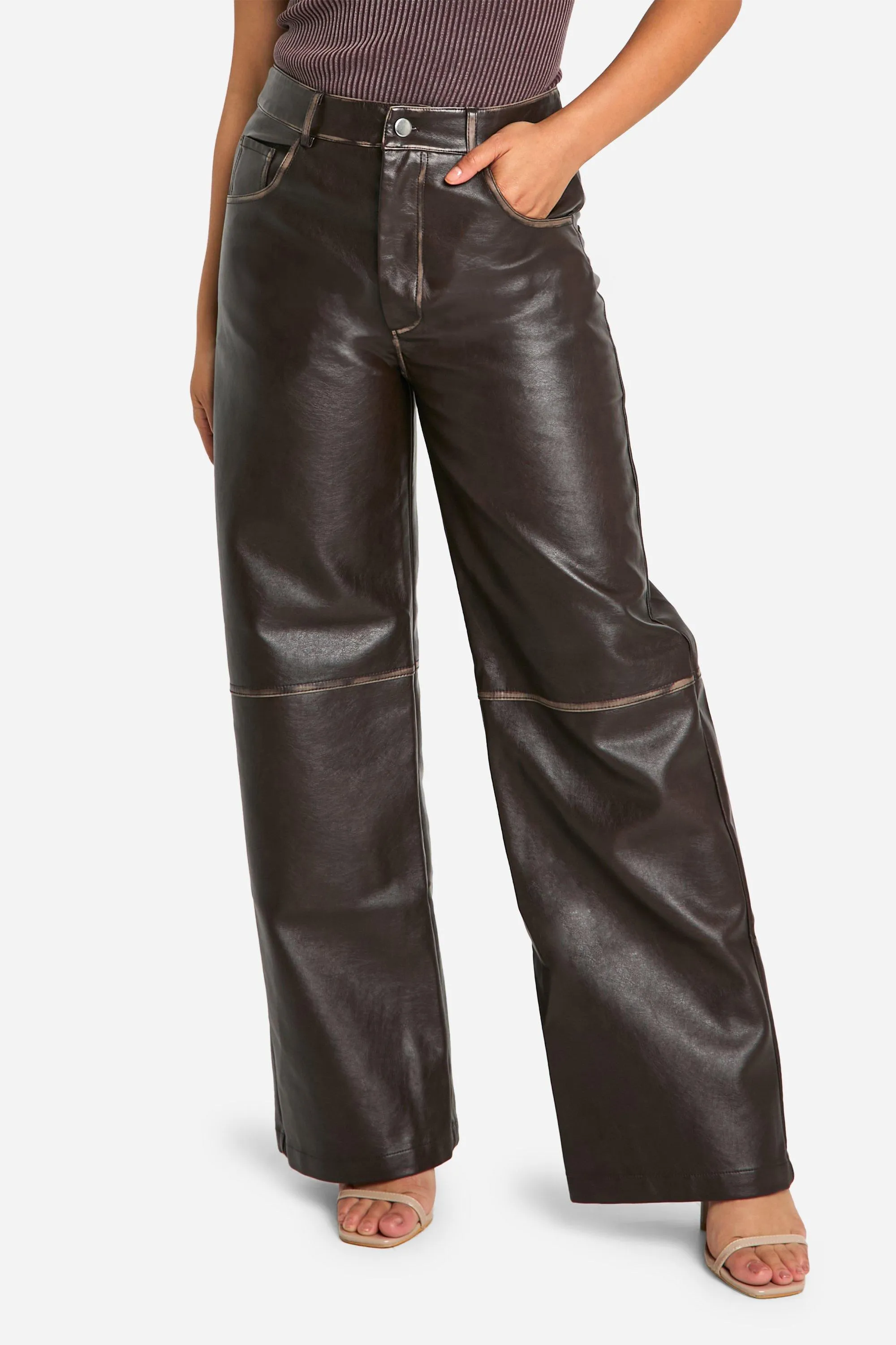 Petite Vintage Wash Faux Leather Wide Leg Trousers 4 Petite Vintage Wash Faux Leather Wide Leg Trousers