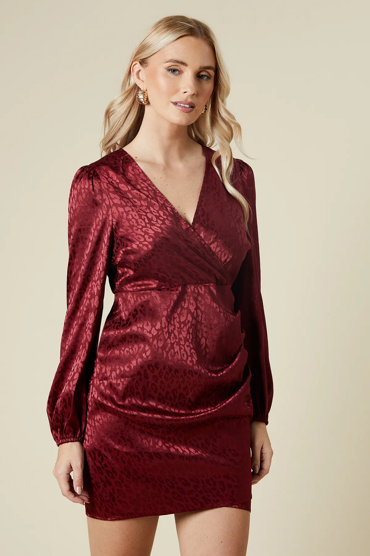 Petite Satin Jacquard Wrap Mini Dress 1 Petite Satin Jacquard Wrap Mini Dress