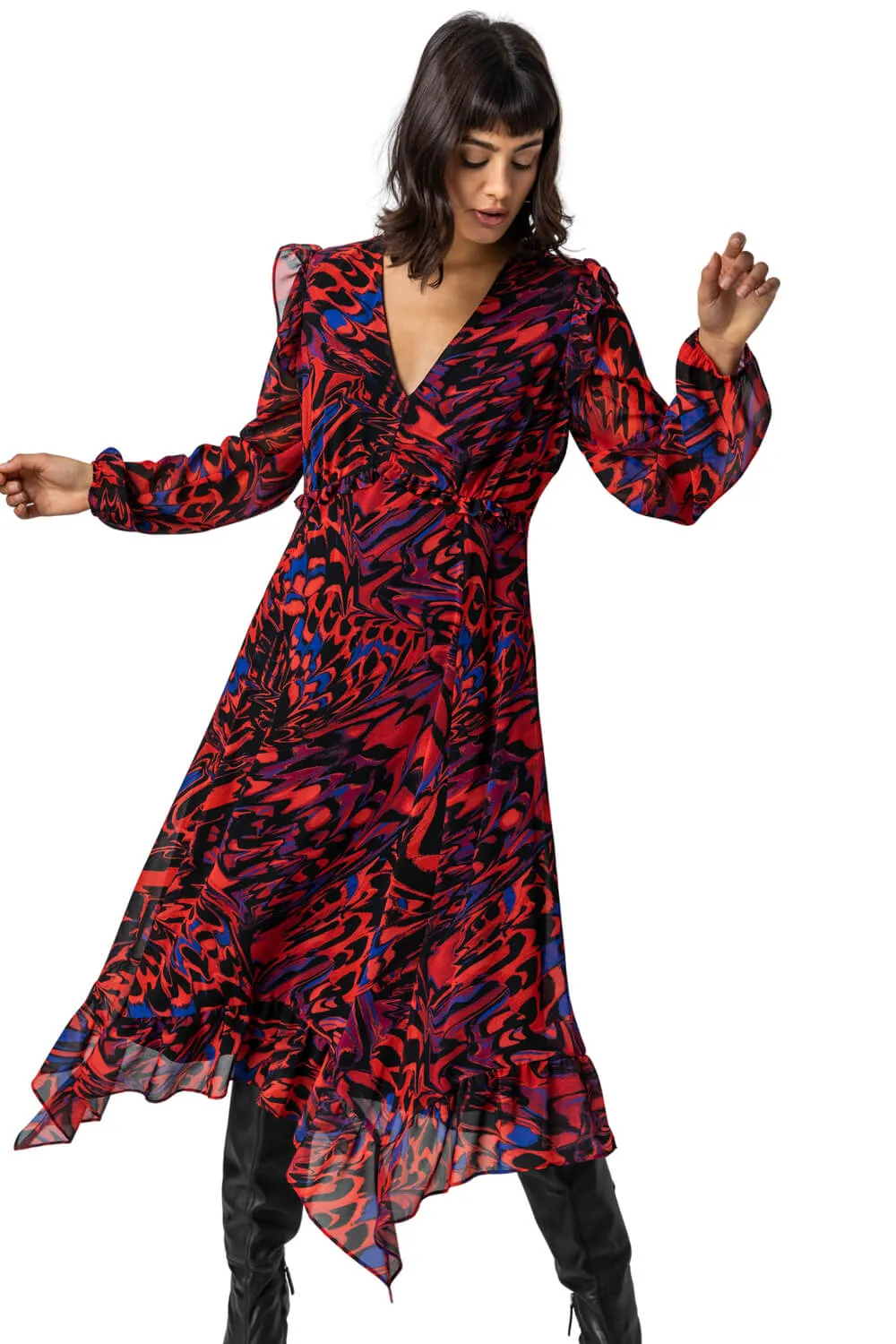 Abstract Butterfly Chiffon Midi Dress
