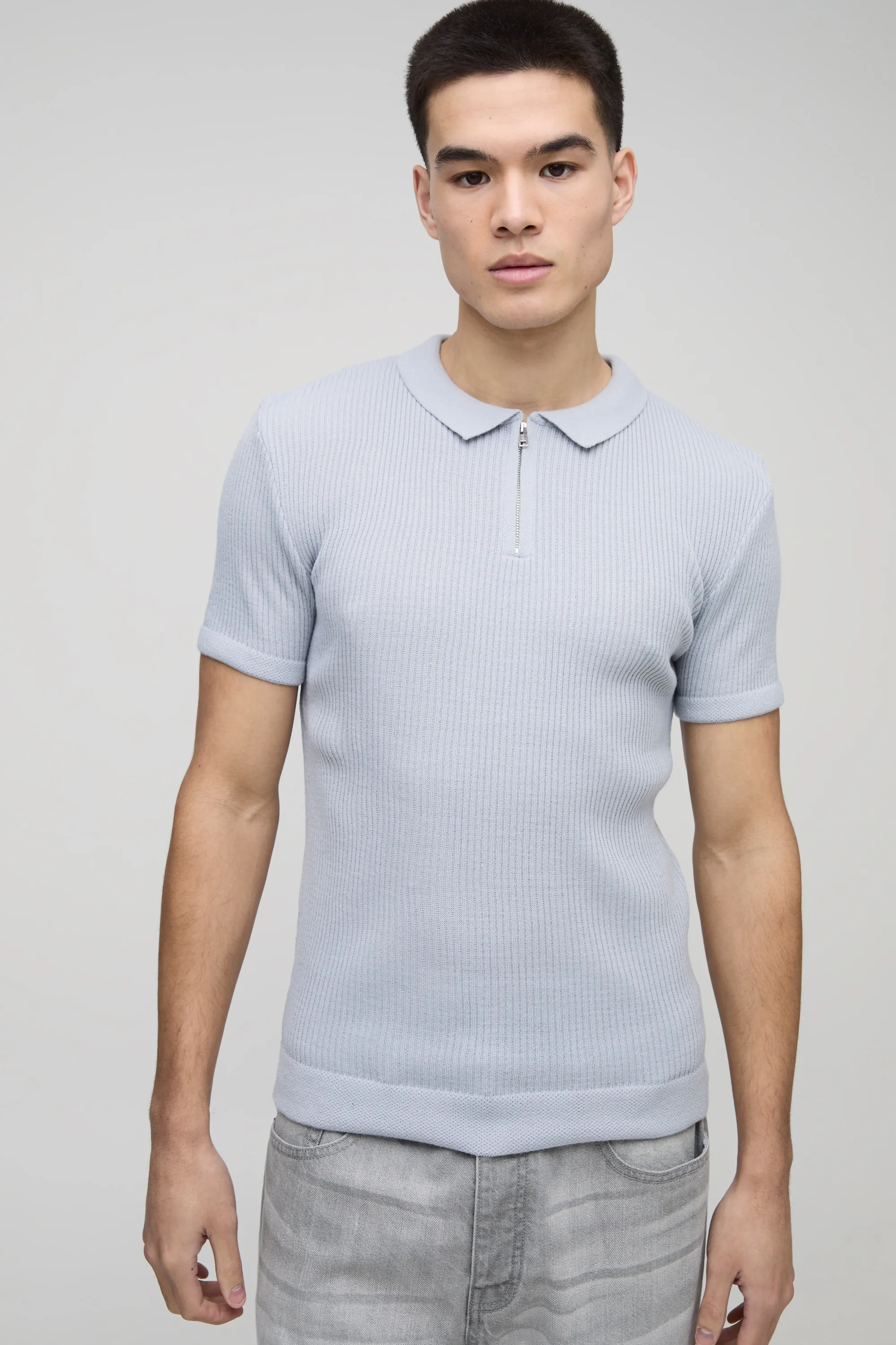 Muscle Fit Ribbed Zip Neck Knitted Polo