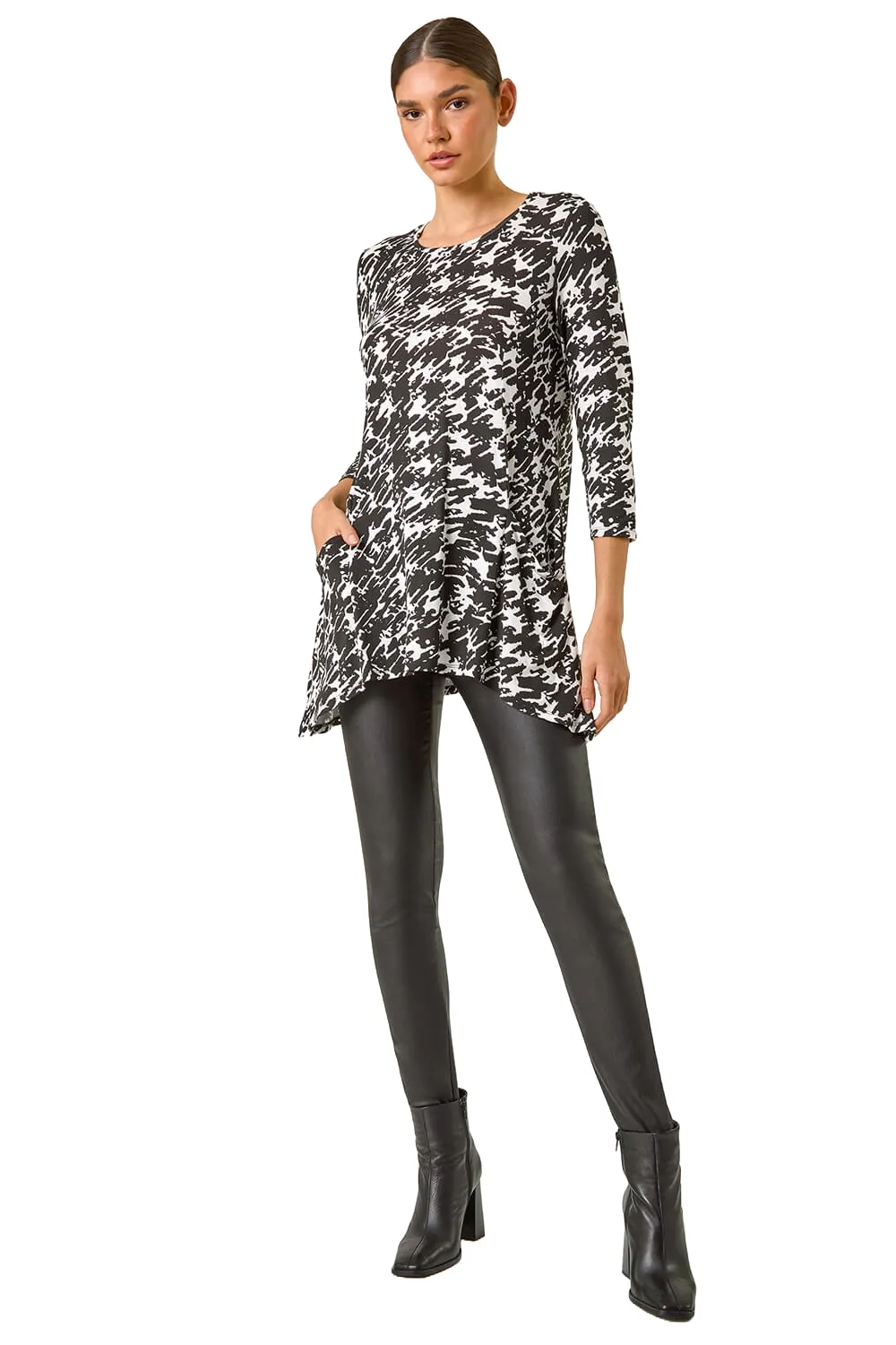 Dogstooth Print Pocket Stretch Tunic Top 1 Dogstooth Print Pocket Stretch Tunic Top