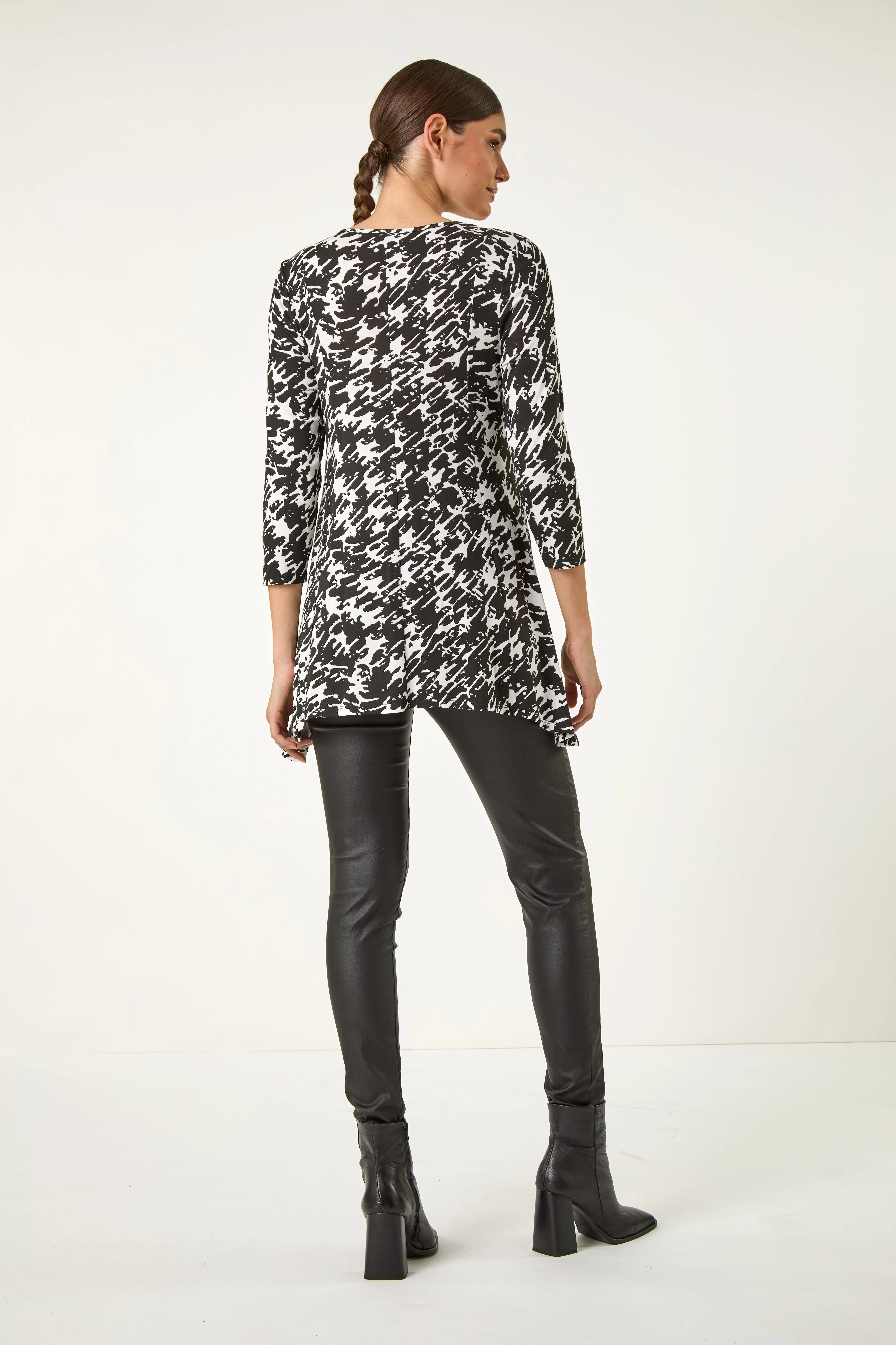 Dogstooth Print Pocket Stretch Tunic Top 3 Dogstooth Print Pocket Stretch Tunic Top