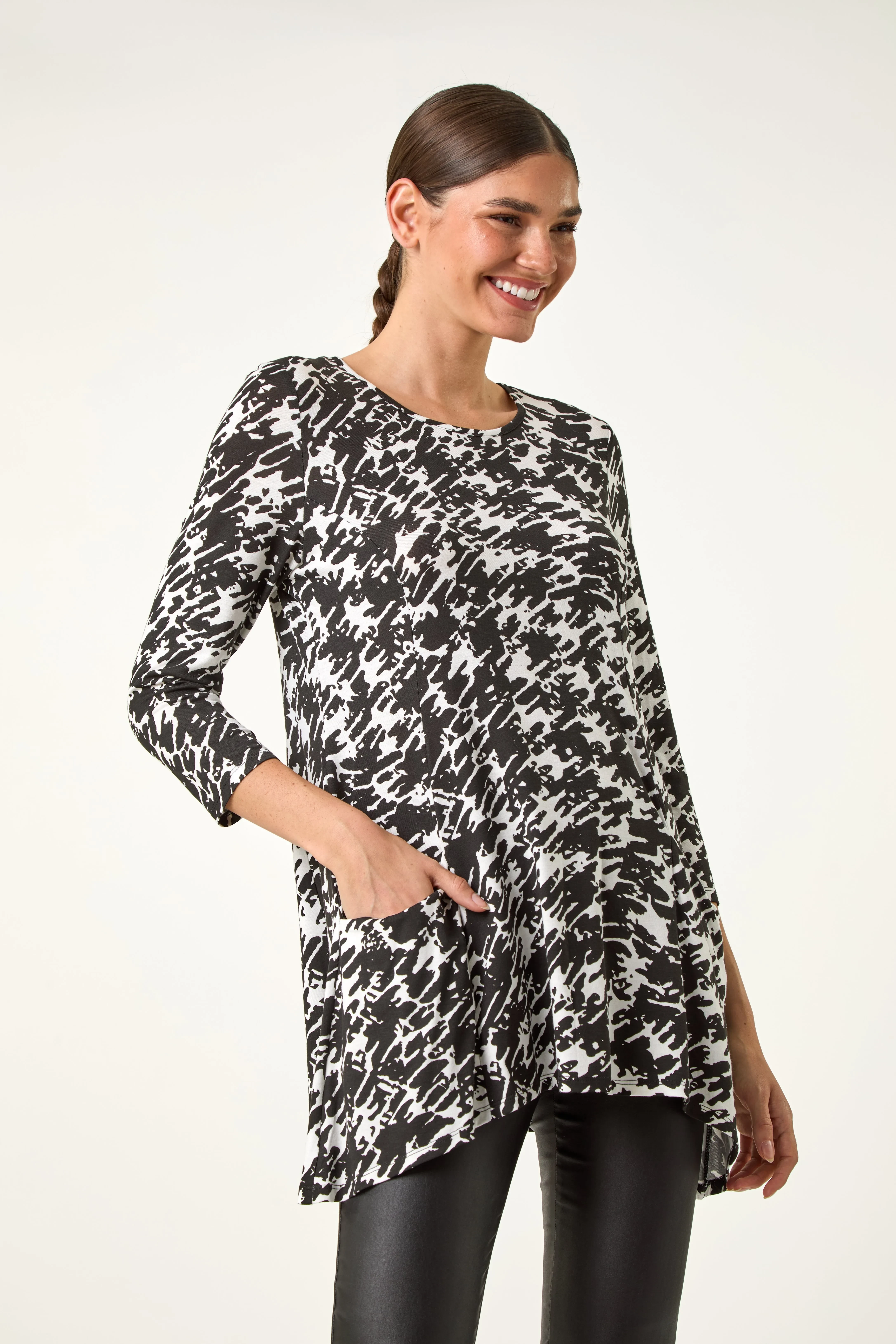 Dogstooth Print Pocket Stretch Tunic Top 4 Dogstooth Print Pocket Stretch Tunic Top