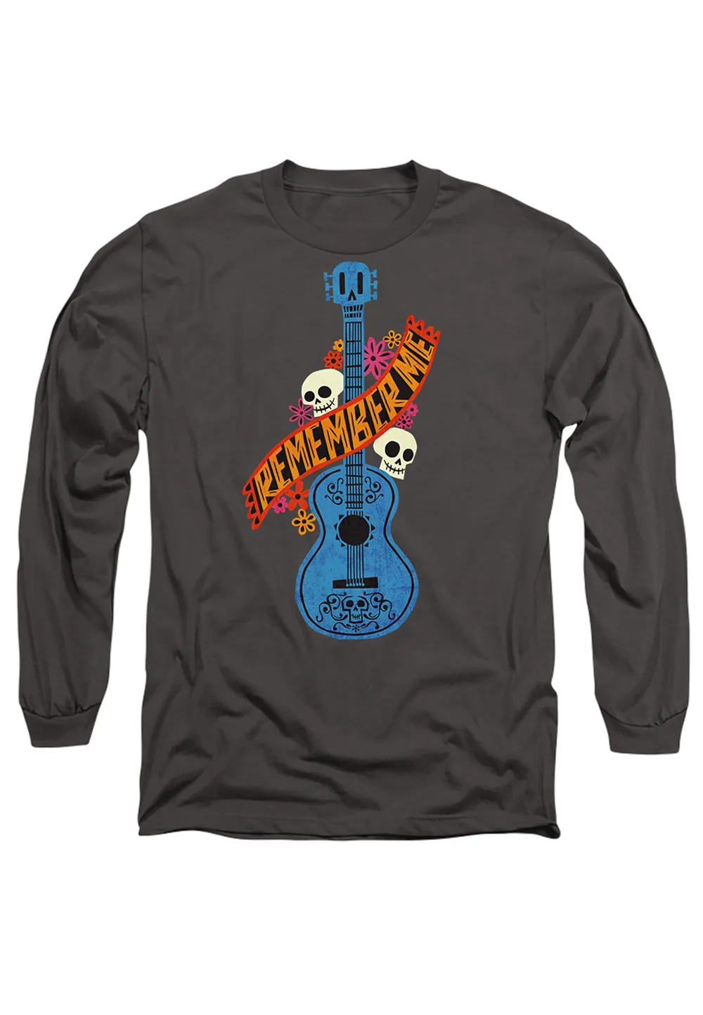 Coco Remember Me Guitar With Skulls Long Sleeve T-Shirt, Charcoal 1 Coco Remember Me Guitar With Skulls Long Sleeve T-Shirt, Charcoal