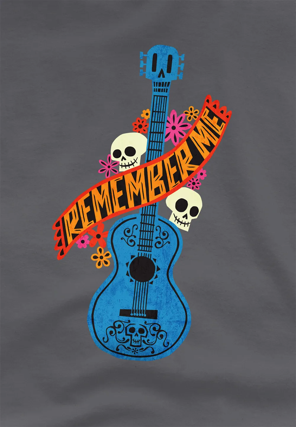 Coco Remember Me Guitar With Skulls Long Sleeve T-Shirt, Charcoal 2 Coco Remember Me Guitar With Skulls Long Sleeve T-Shirt, Charcoal