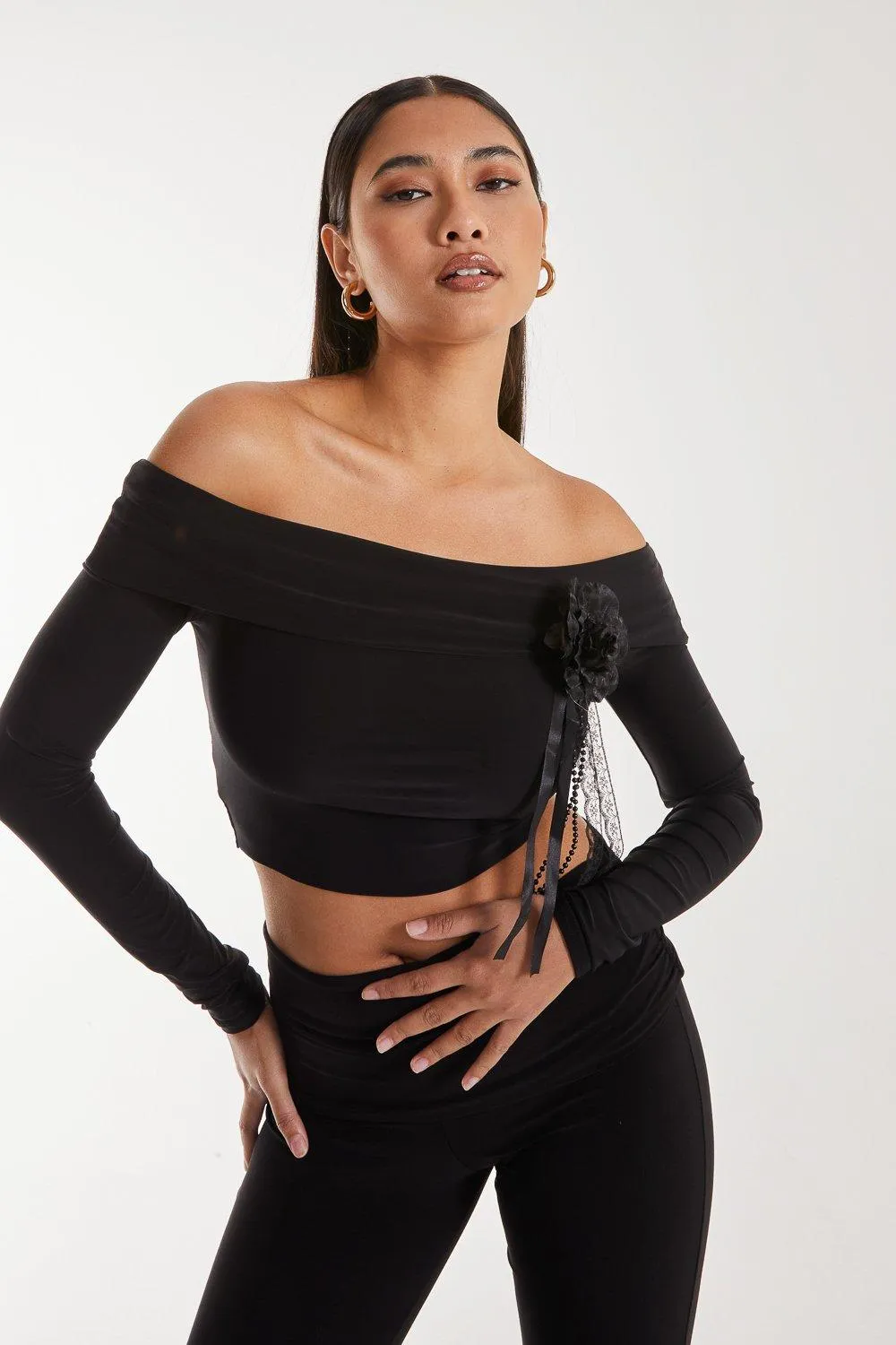 Corsage Detail Bardot Long Sleeve Top 1 Corsage Detail Bardot Long Sleeve Top
