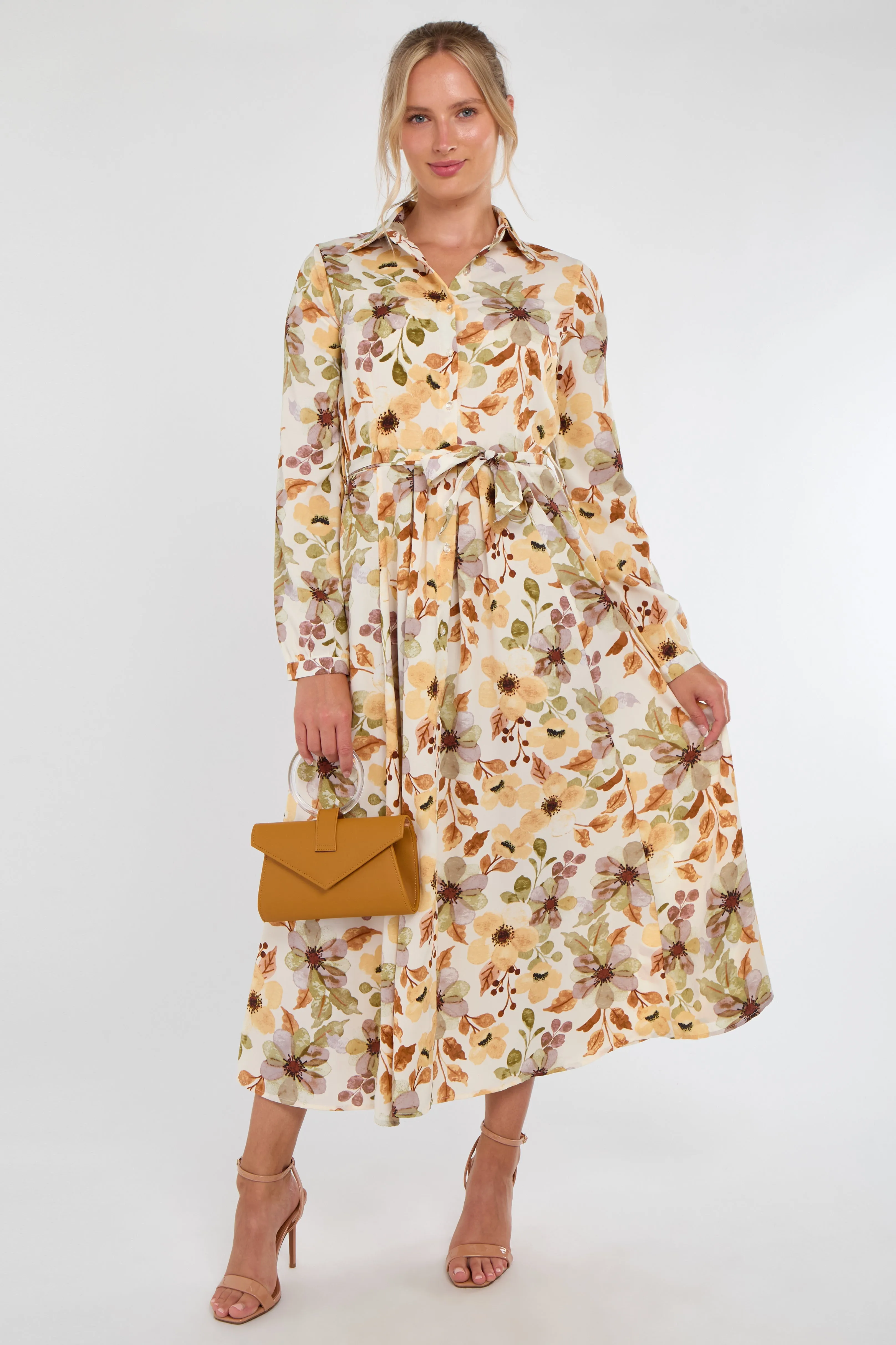 Autumn Bloom Botanical Print Maxi Shirt Dress