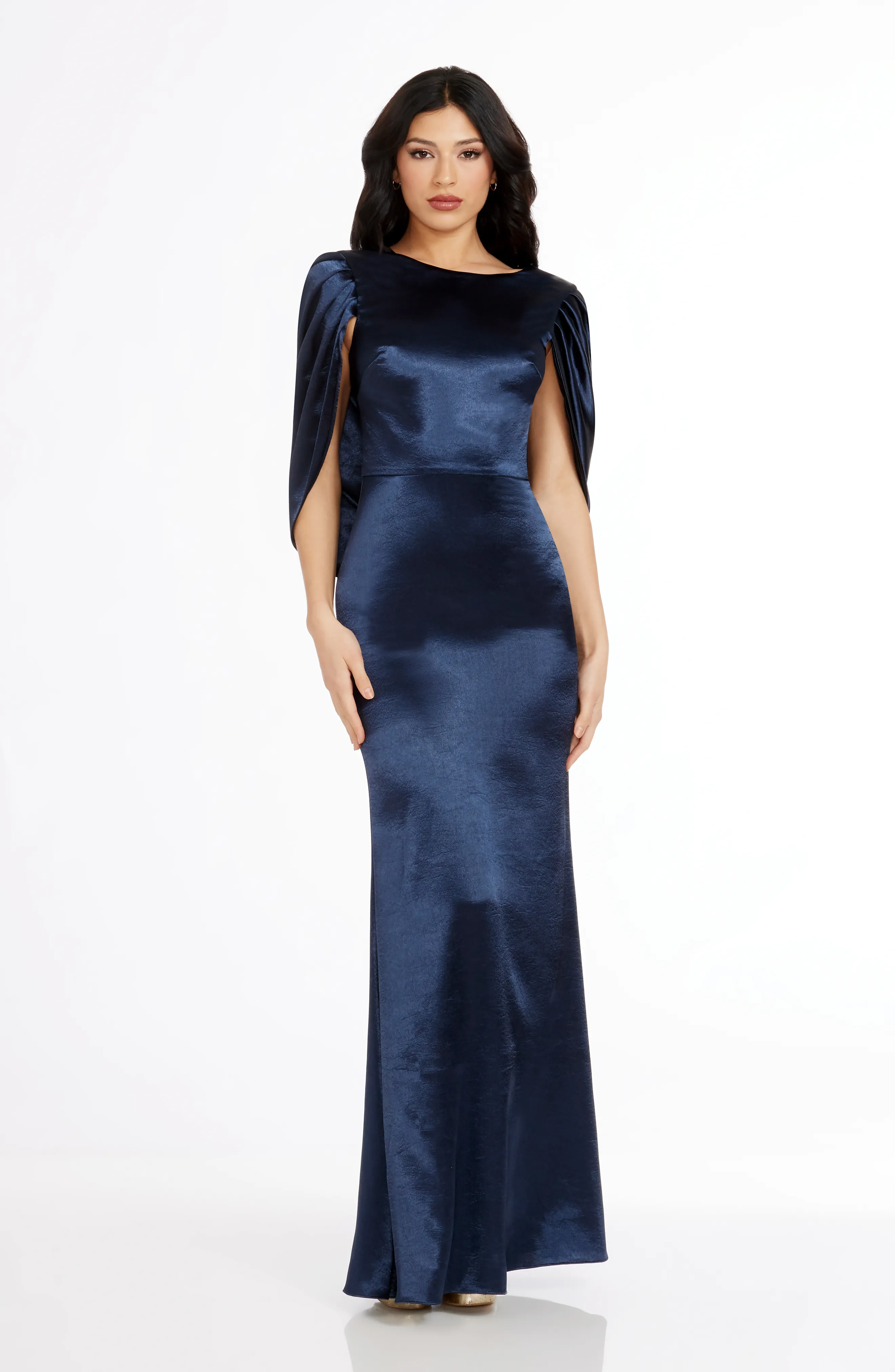 Adina Drape Sleeve Low Back Mermaid Gown Plain