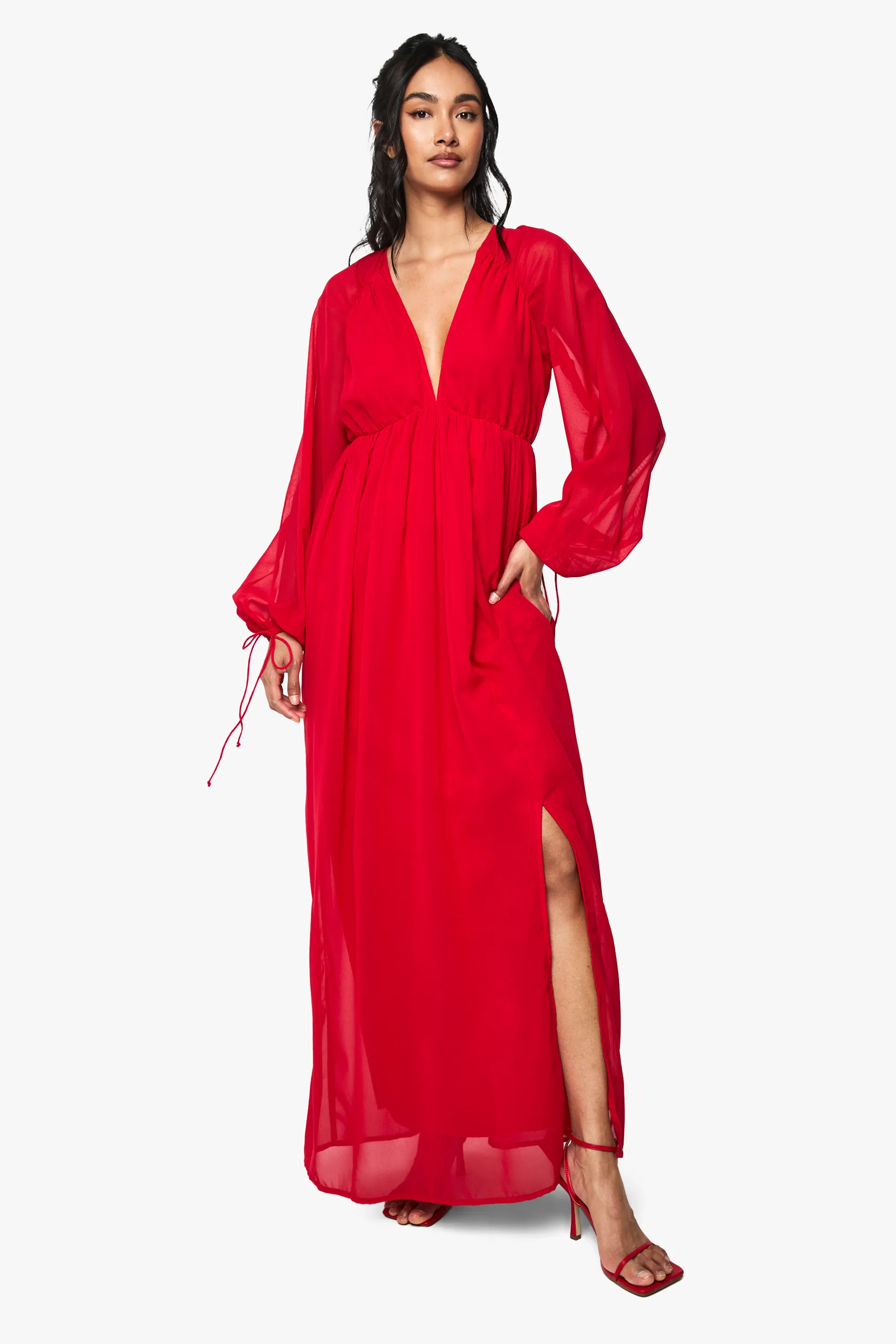 Chiffon V Neck Ruched Maxi Dress 3 Chiffon V Neck Ruched Maxi Dress