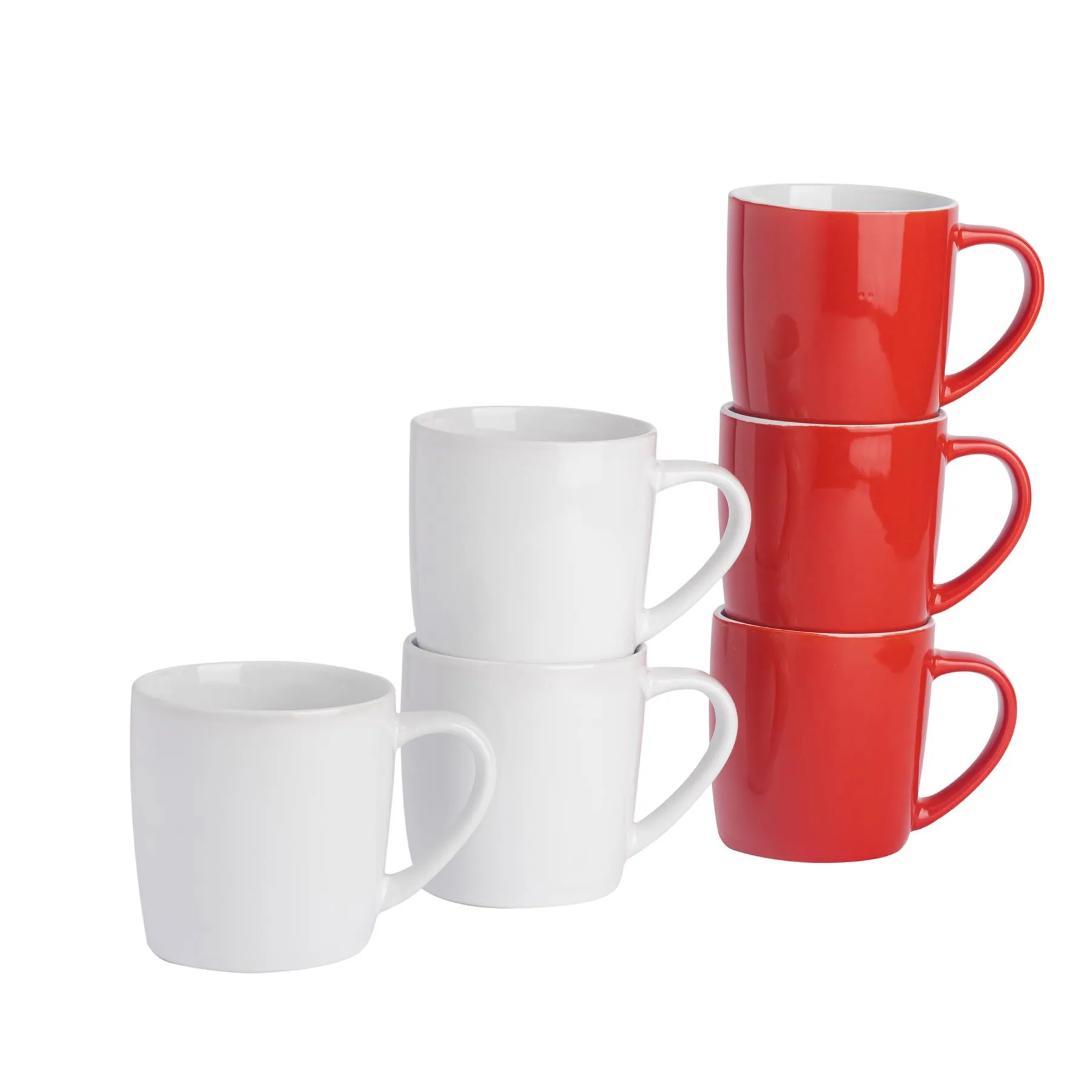 6x Coloured Coffee Mugs - 350ml - Red/White - Durable Stoneware Latte Tea Cup