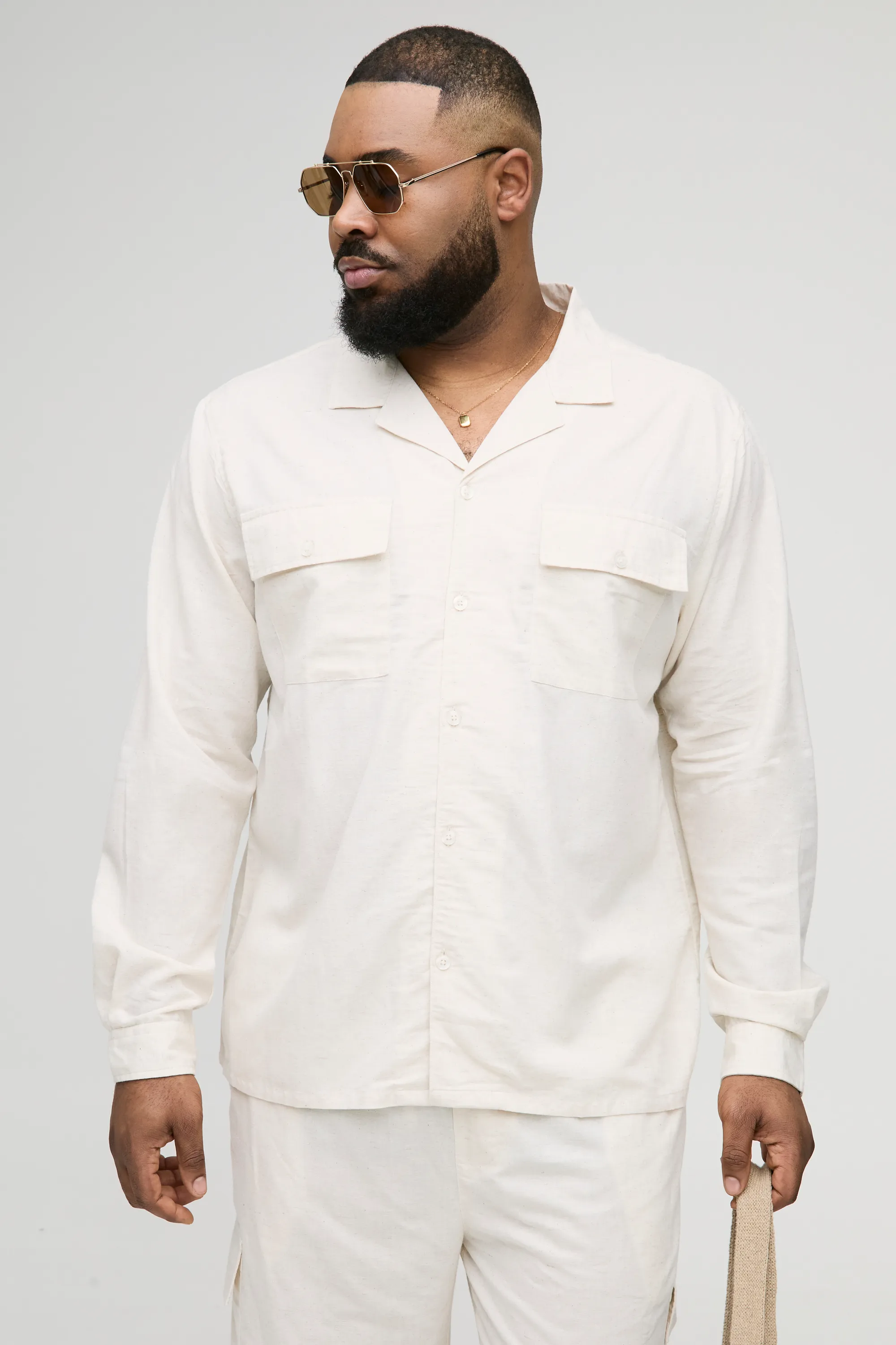 Plus Regular Linen Cargo Shirt & Trouser Set 3 Plus Regular Linen Cargo Shirt & Trouser Set