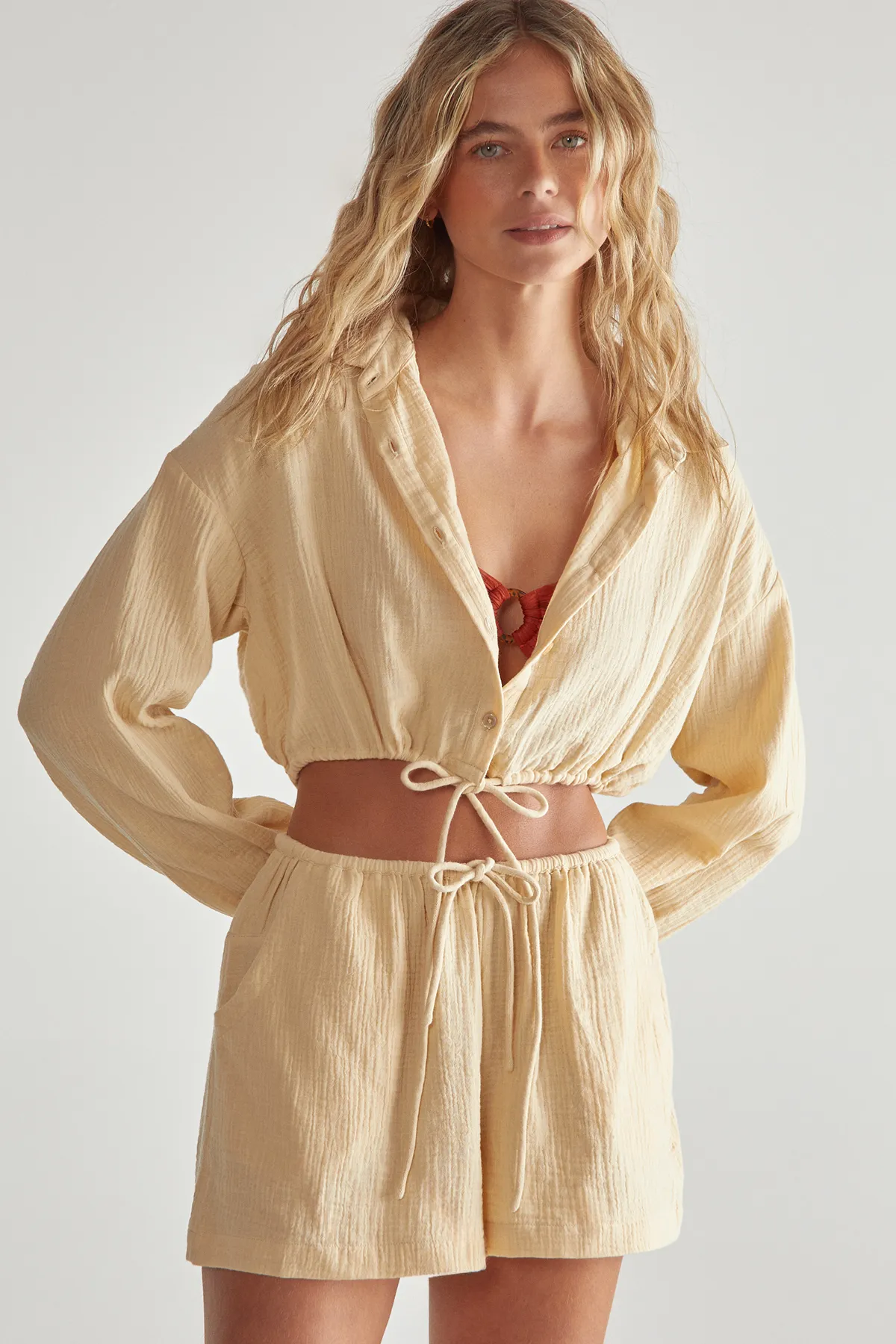 Double Gauze Tie Front Shirt and Short Set