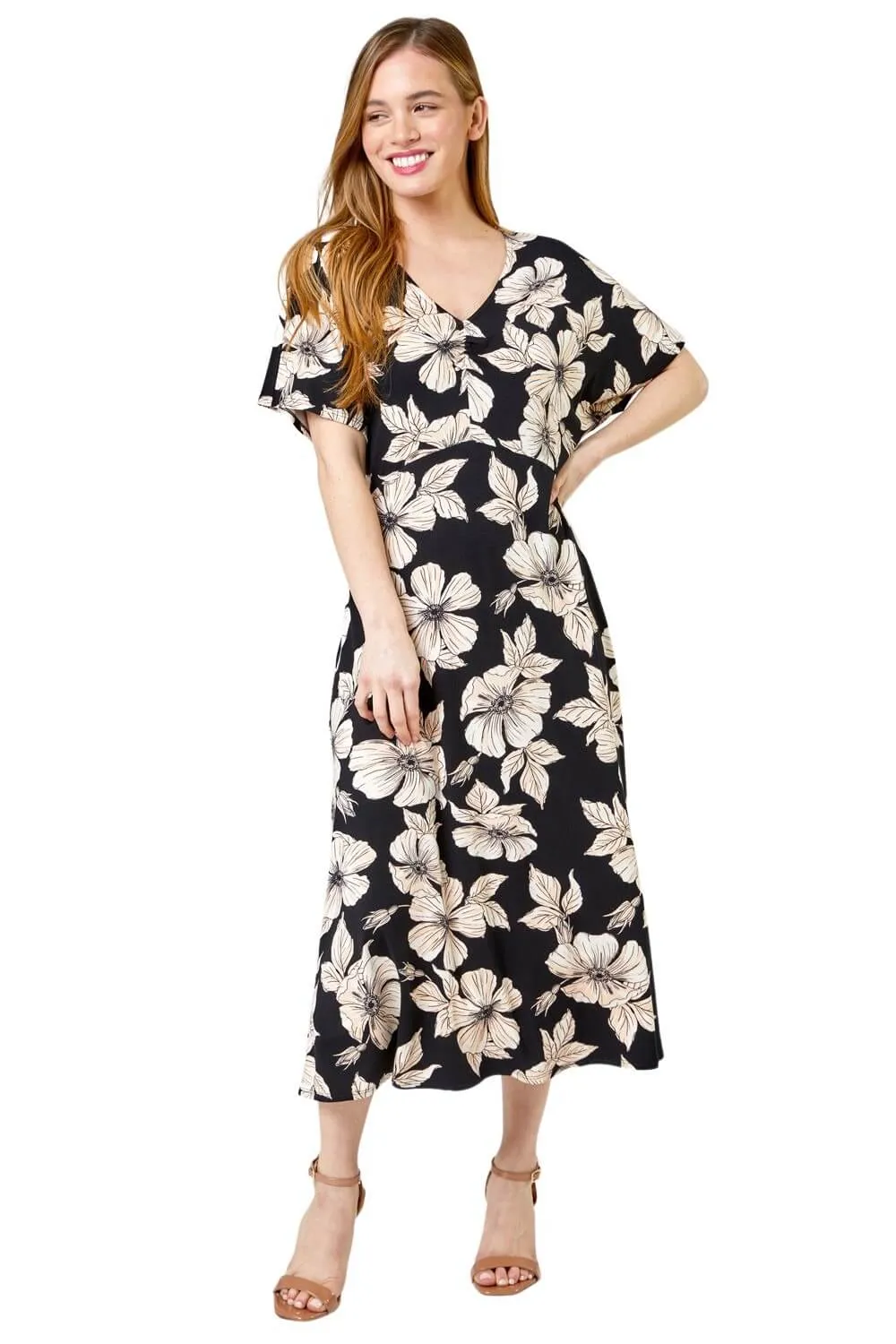 Petite Floral Print Ruched Midi Dress