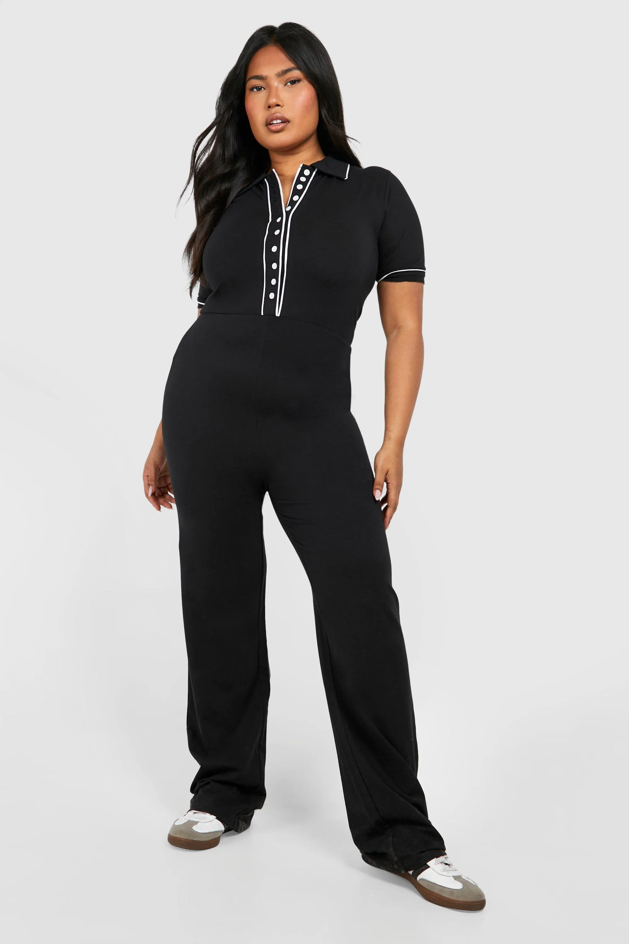 Plus Contrast Button Down Cotton Jumpsuit 1 Plus Contrast Button Down Cotton Jumpsuit