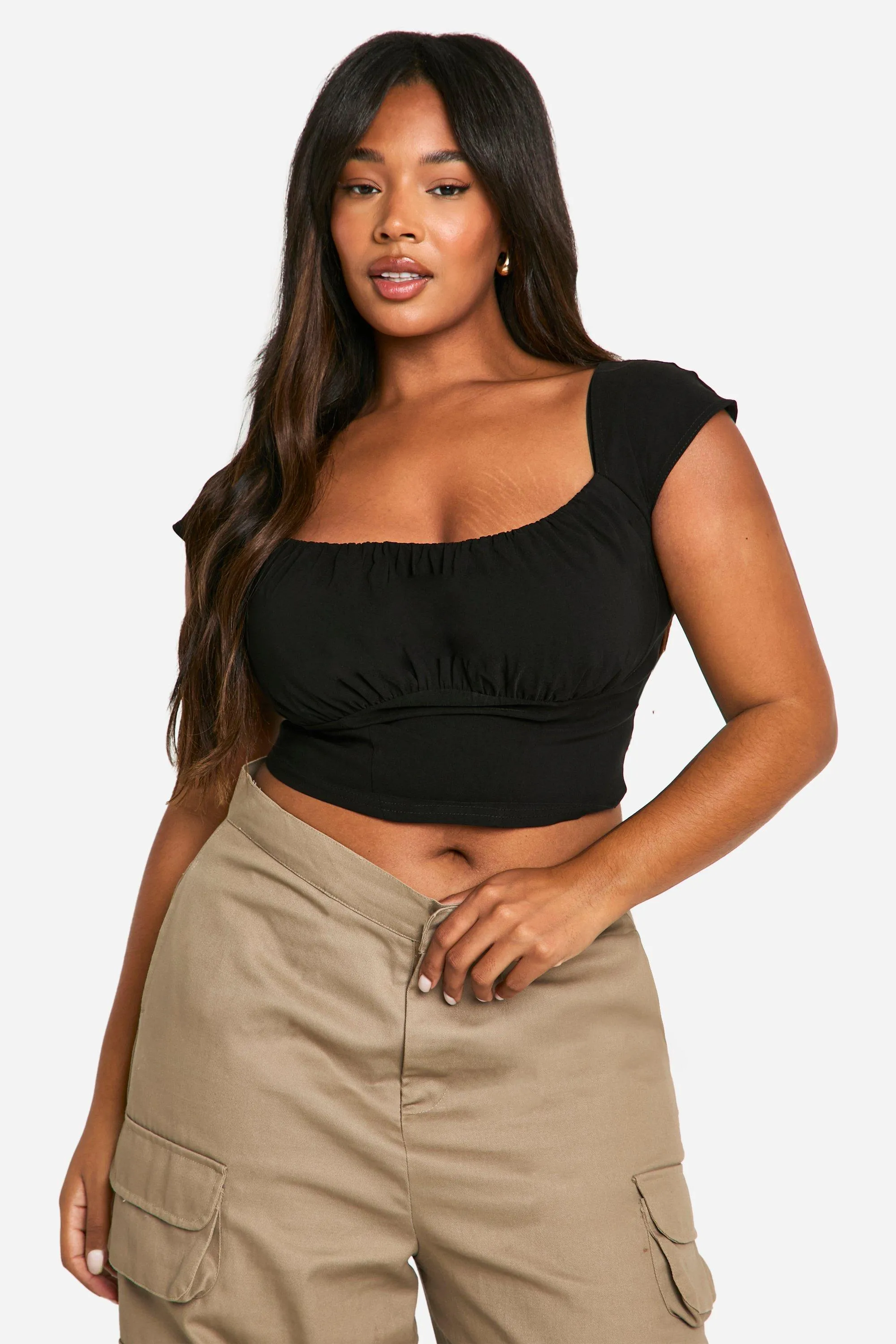 Plus Woven Stretch Ruched Cap Sleeve Corset Top 1 Plus Woven Stretch Ruched Cap Sleeve Corset Top