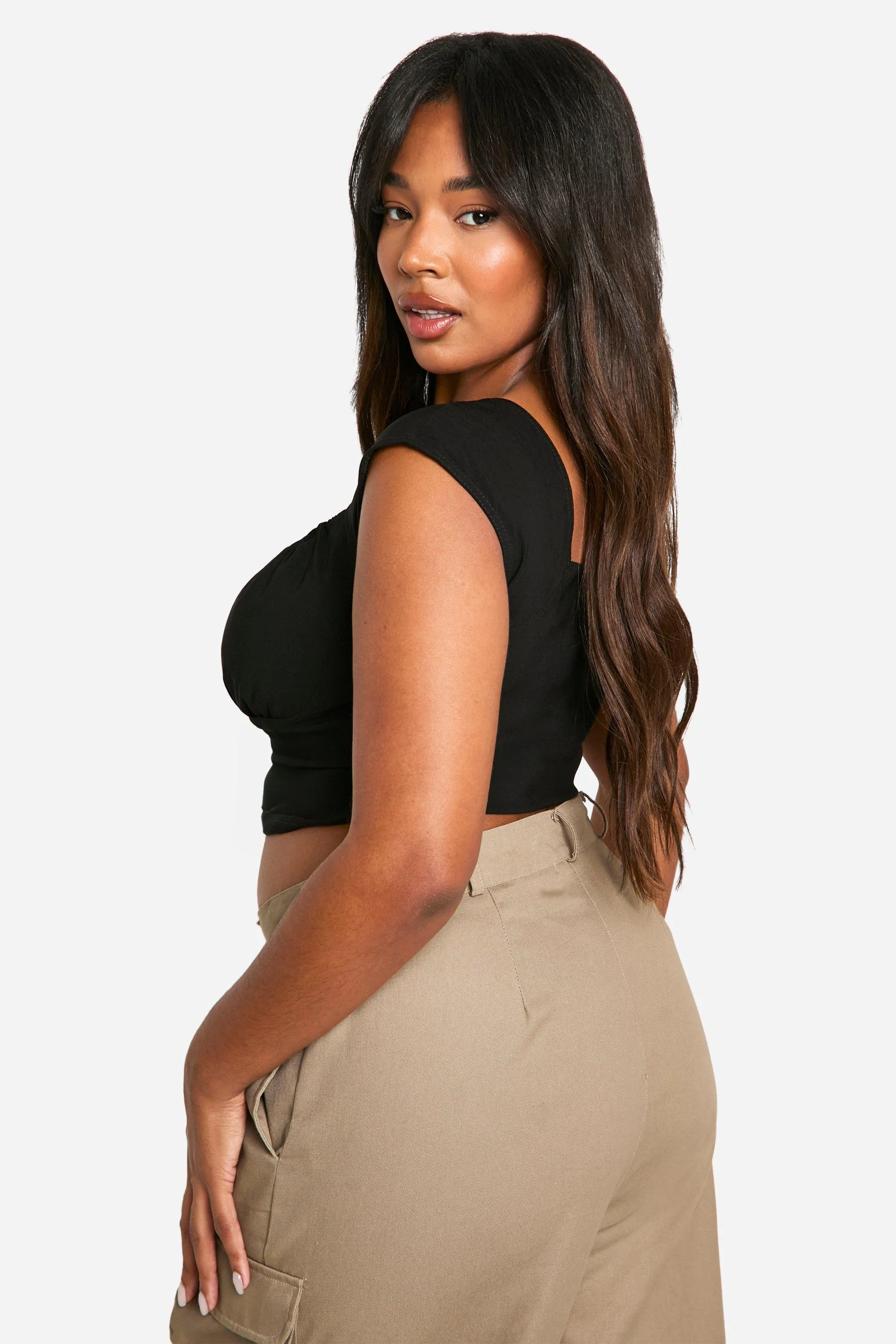 Plus Woven Stretch Ruched Cap Sleeve Corset Top 2 Plus Woven Stretch Ruched Cap Sleeve Corset Top