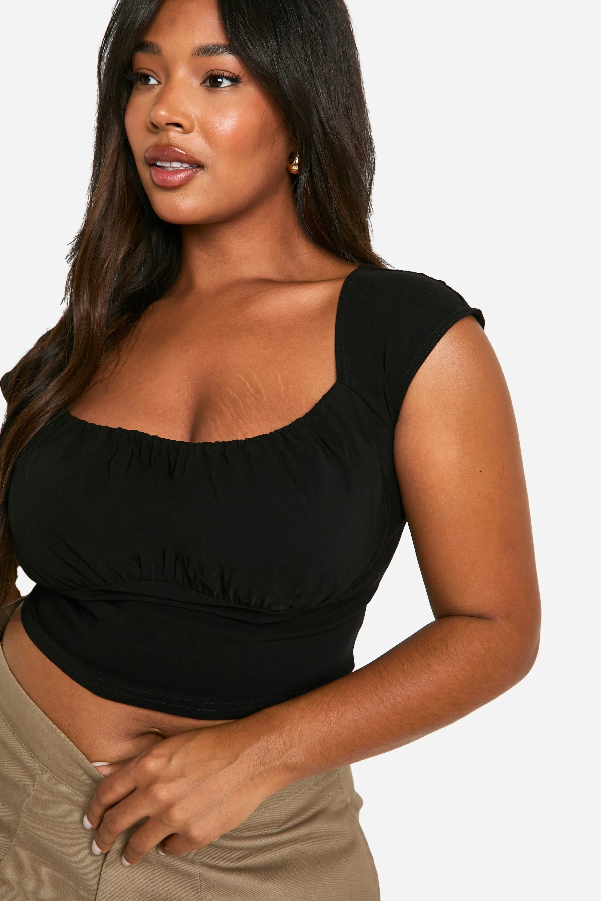 Plus Woven Stretch Ruched Cap Sleeve Corset Top 4 Plus Woven Stretch Ruched Cap Sleeve Corset Top