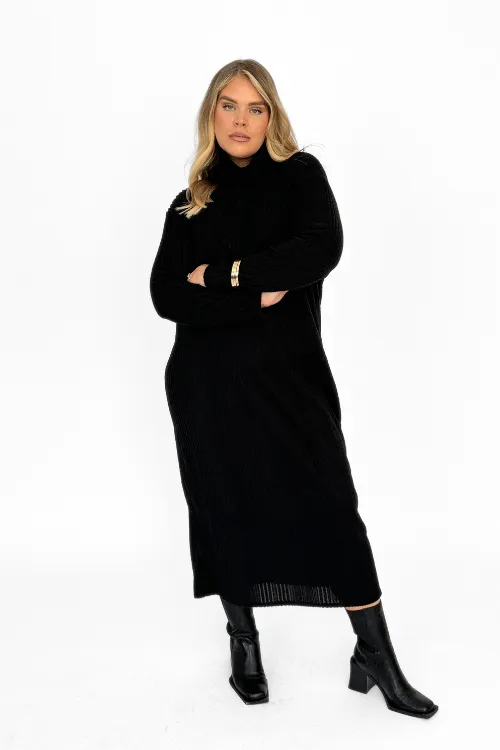 Curve Knitted Rib Roll Neck Midaxi Jumper Dress In Black