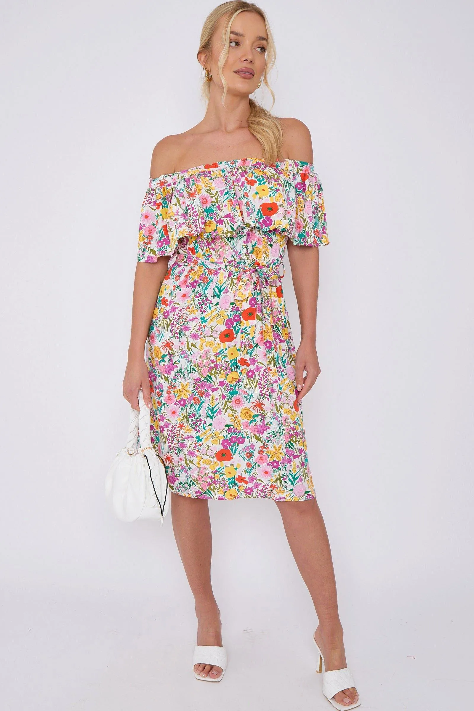 White Floral Print Bardot Mini Dress 1 White Floral Print Bardot Mini Dress