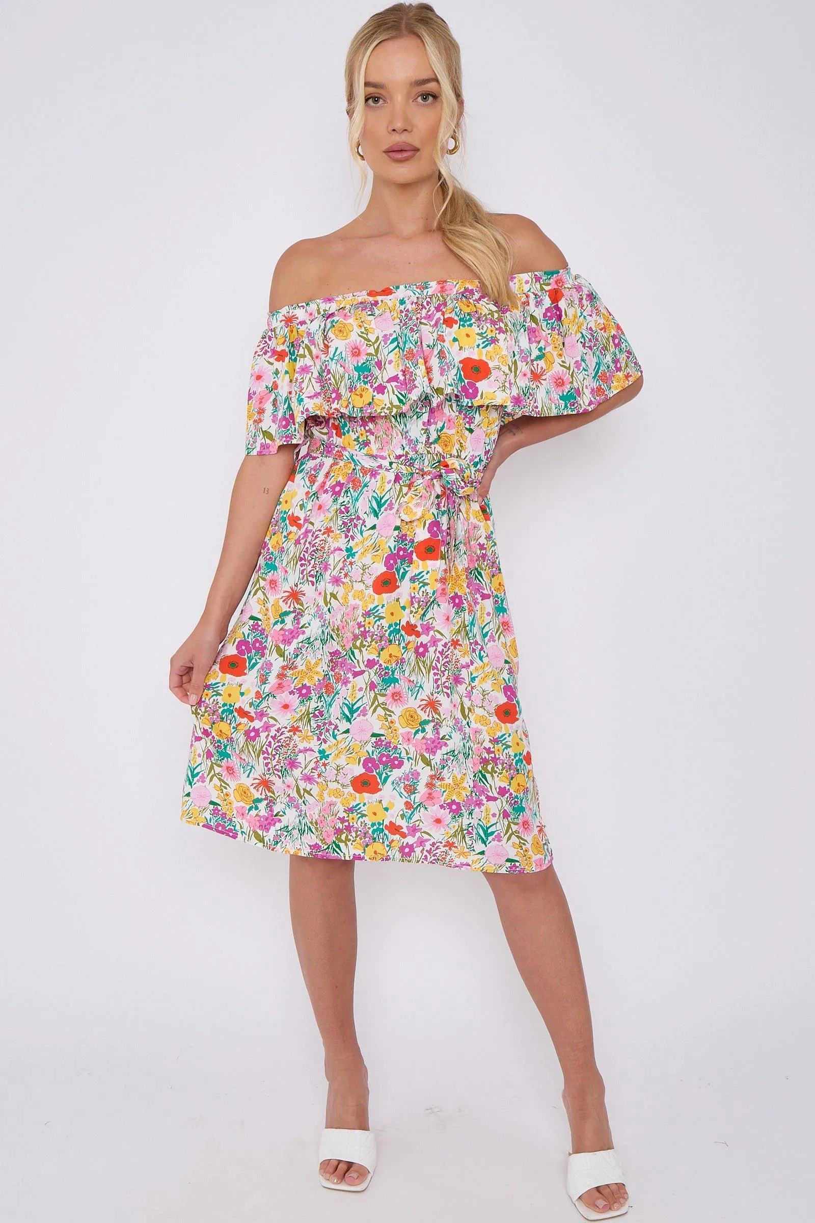 White Floral Print Bardot Mini Dress 3 White Floral Print Bardot Mini Dress