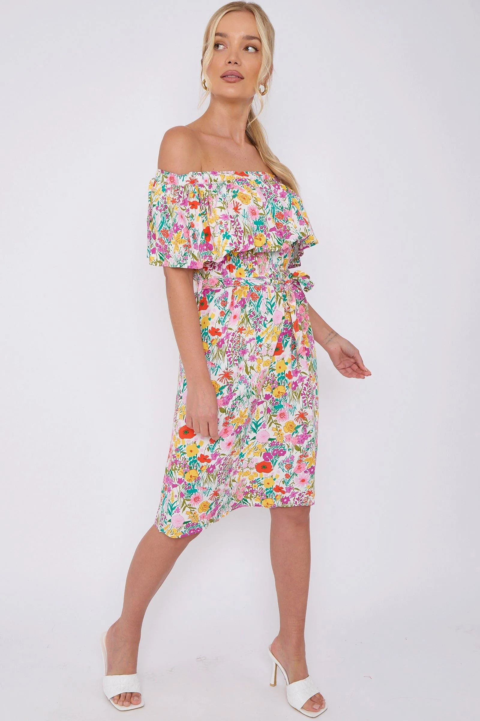 White Floral Print Bardot Mini Dress 4 White Floral Print Bardot Mini Dress